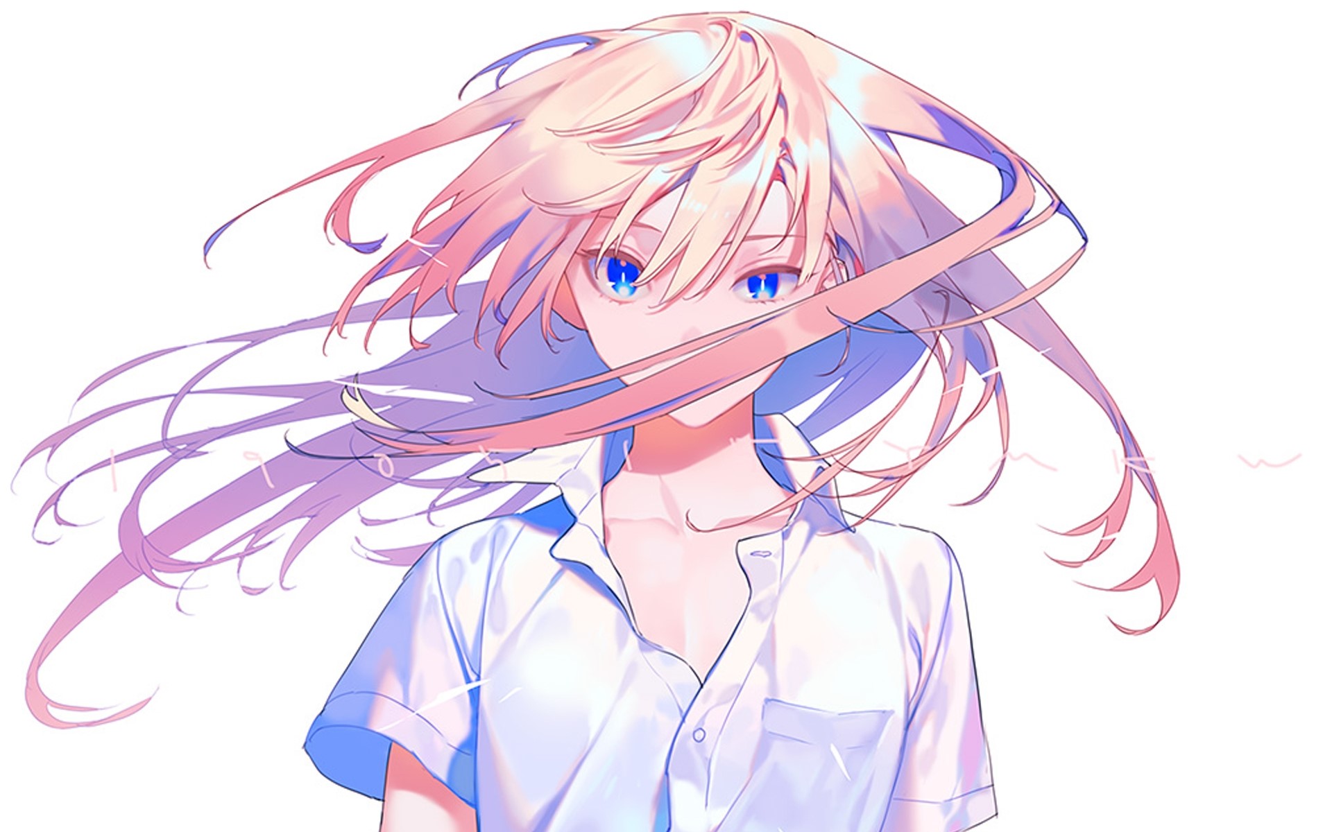 Anime girl with pink hair and blue eyes in white shirt HD Wallpaper