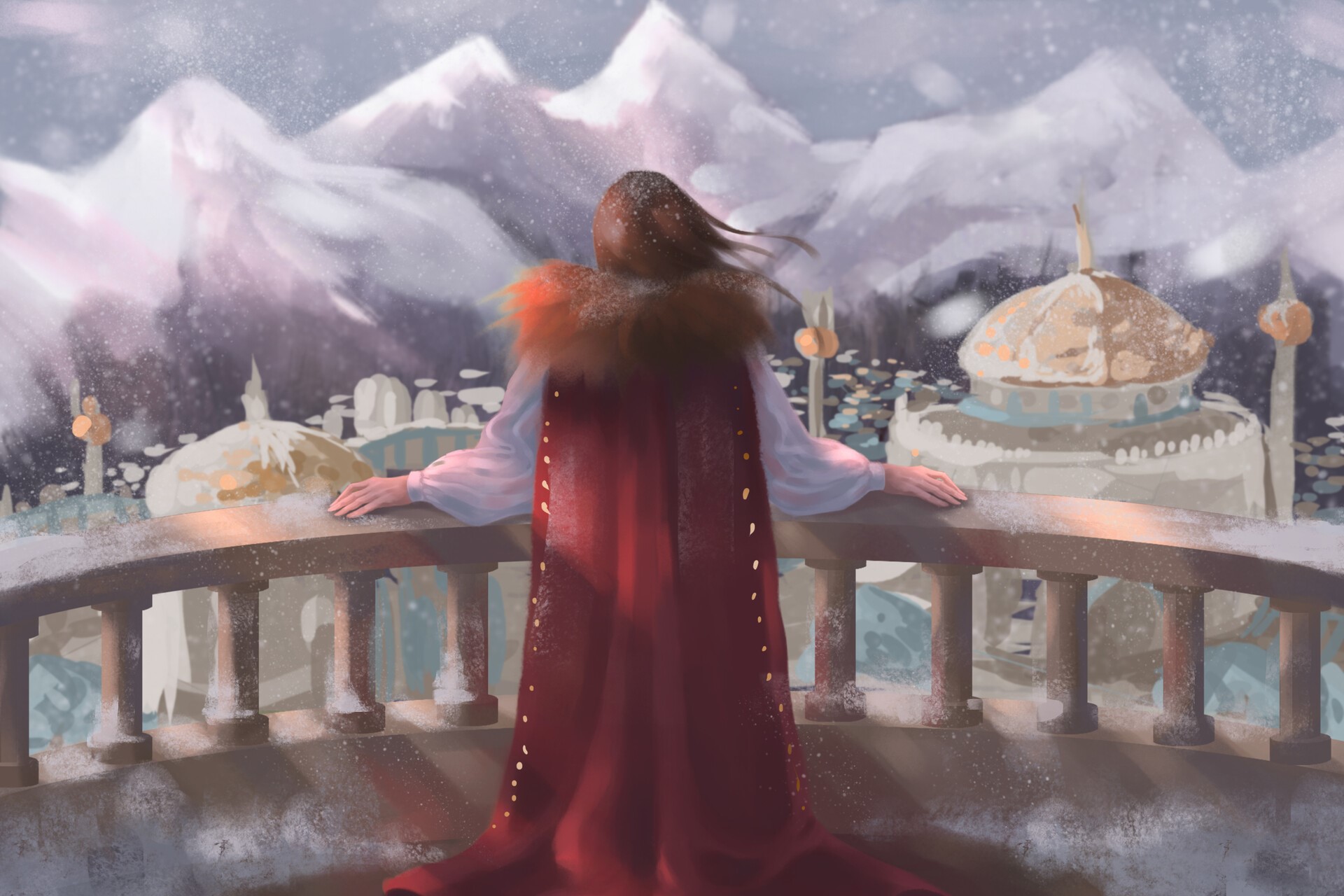 Woman in red cape overlooking snowy mountains and city HD Wallpaper