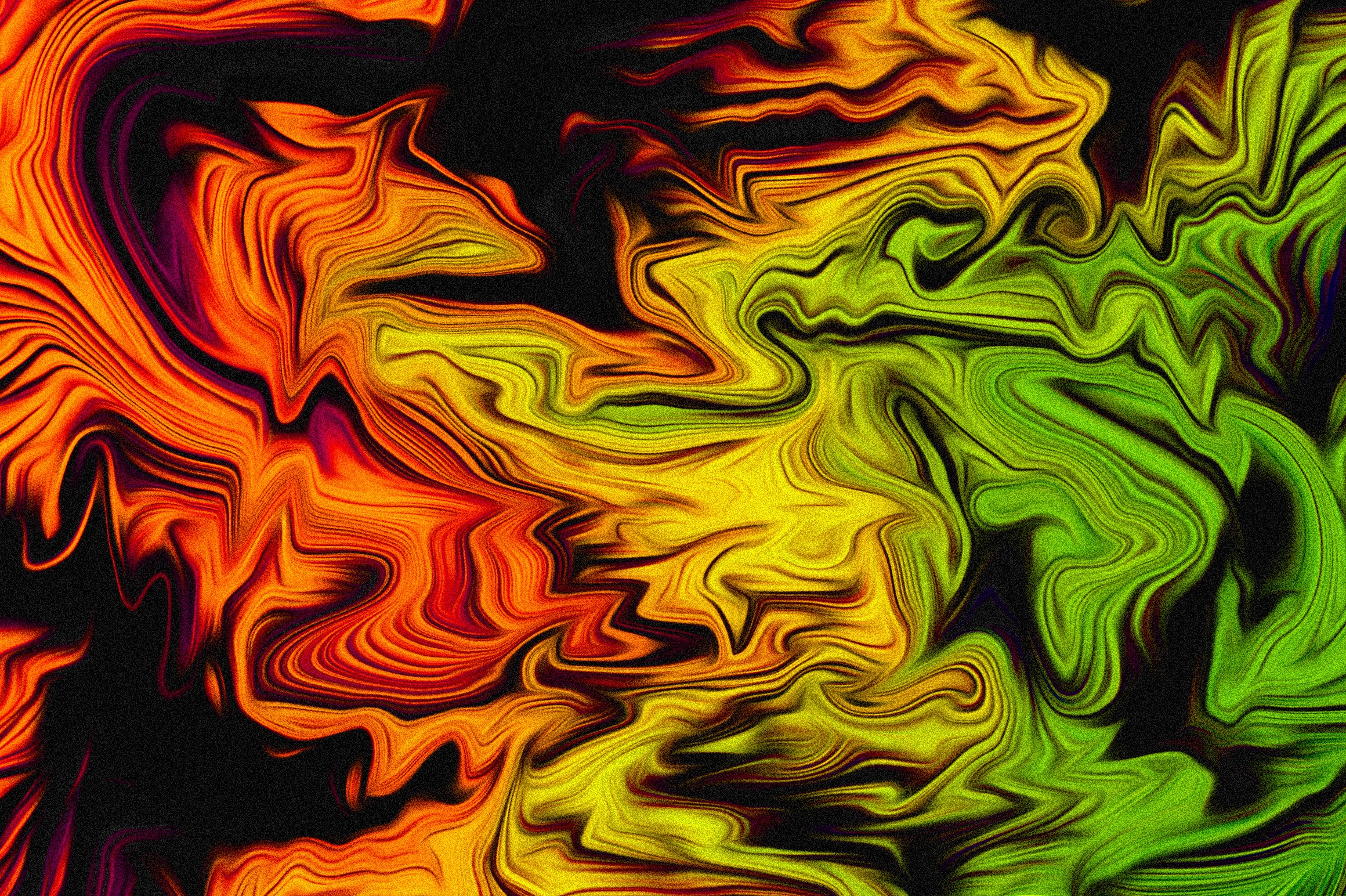 Abstract fluid art with orange, yellow, and green swirls HD Wallpaper