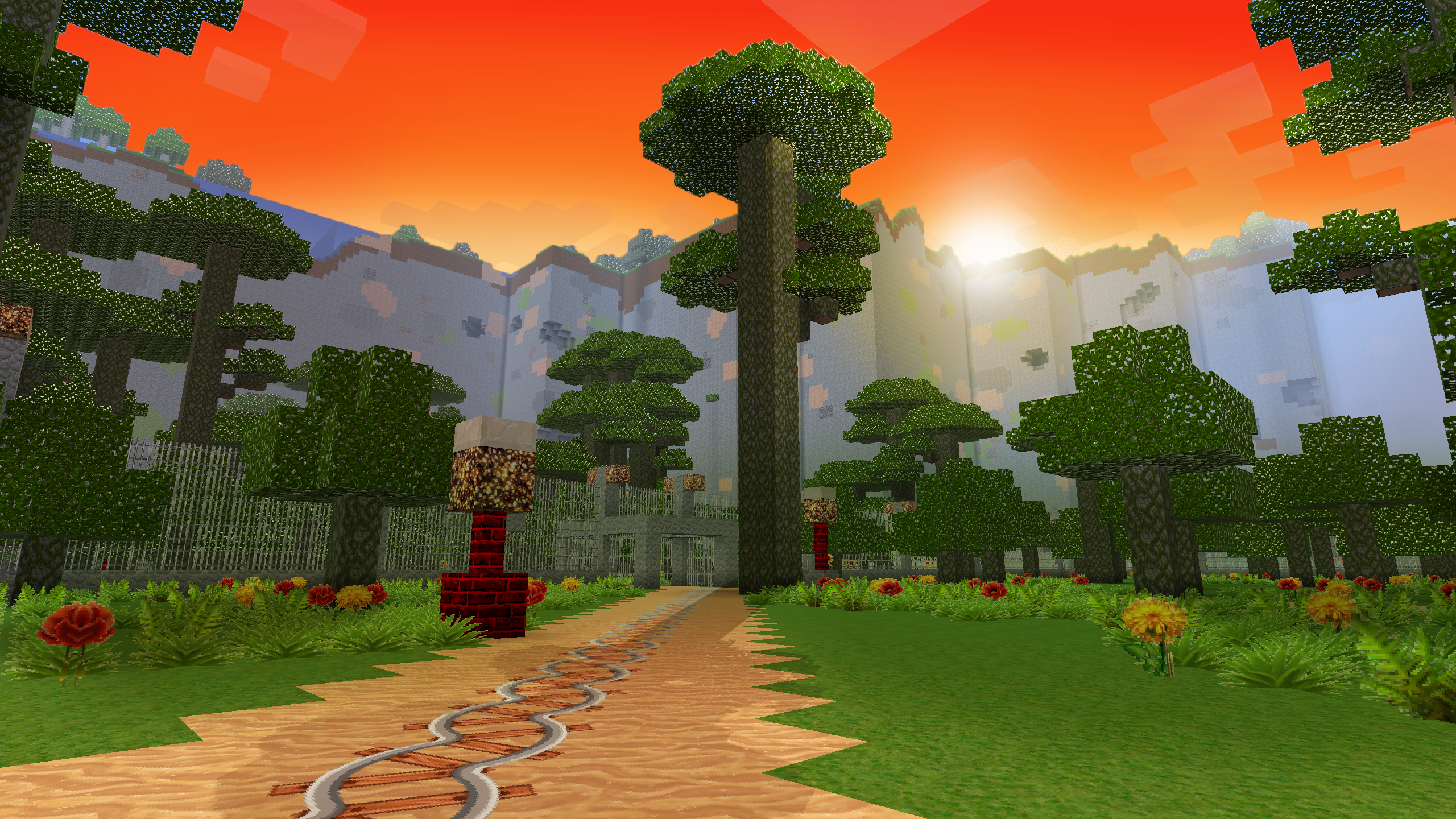 Video Game Landscape with Pixelated Trees and Sunset HD Wallpaper