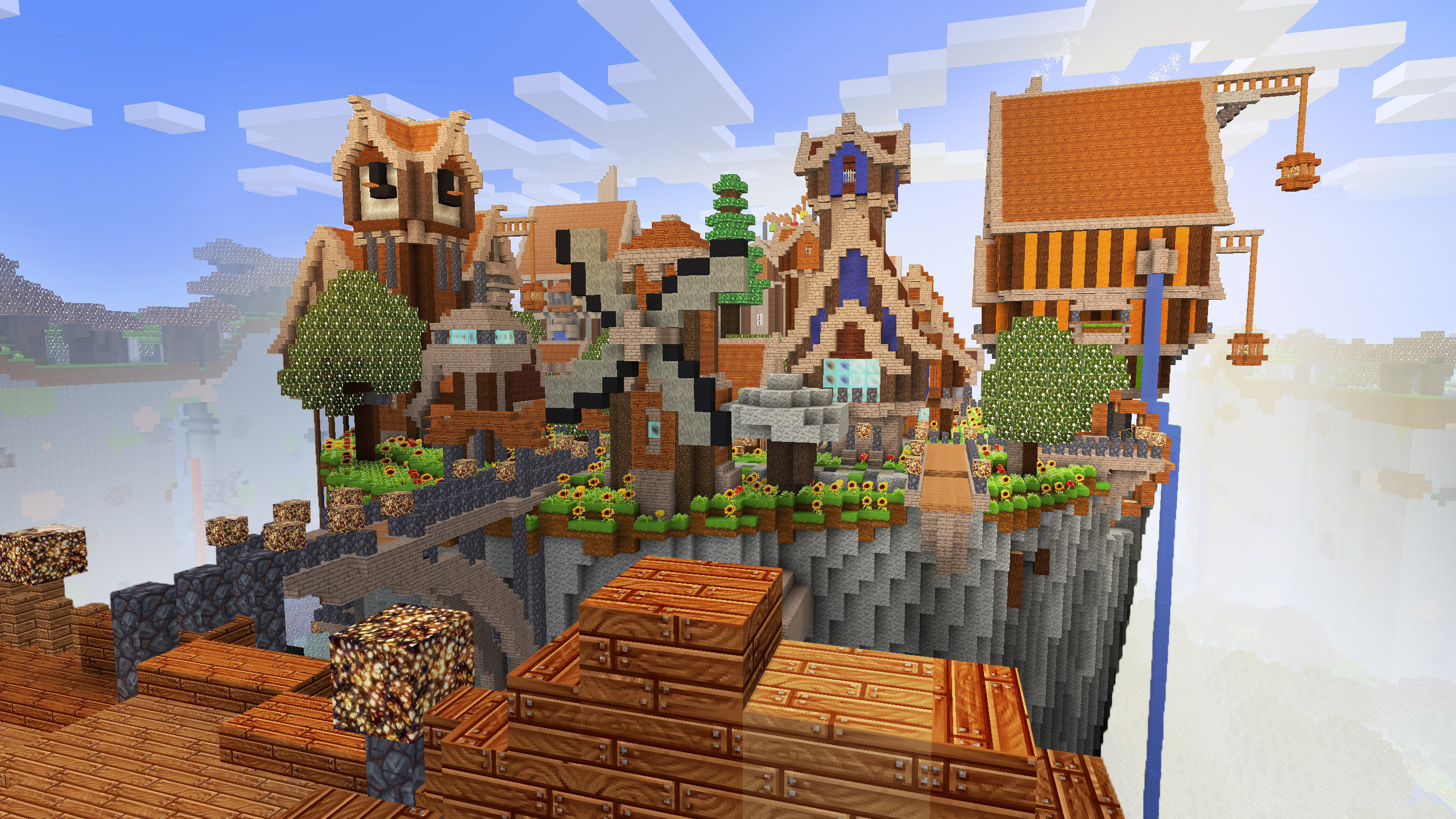 Minecraft floating island village with owl-shaped building HD Wallpaper