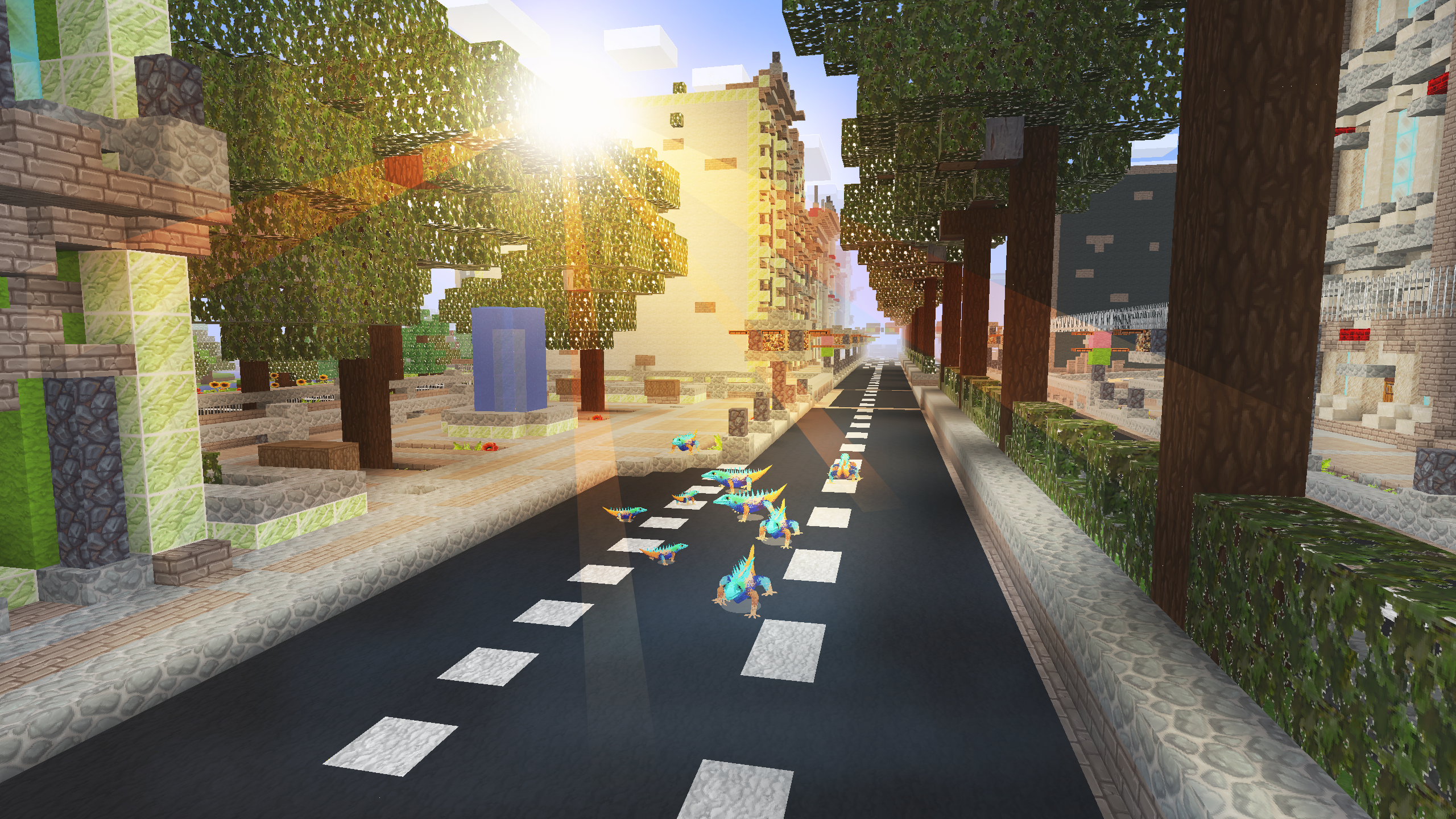 Minecraft city street with creatures HD Wallpaper