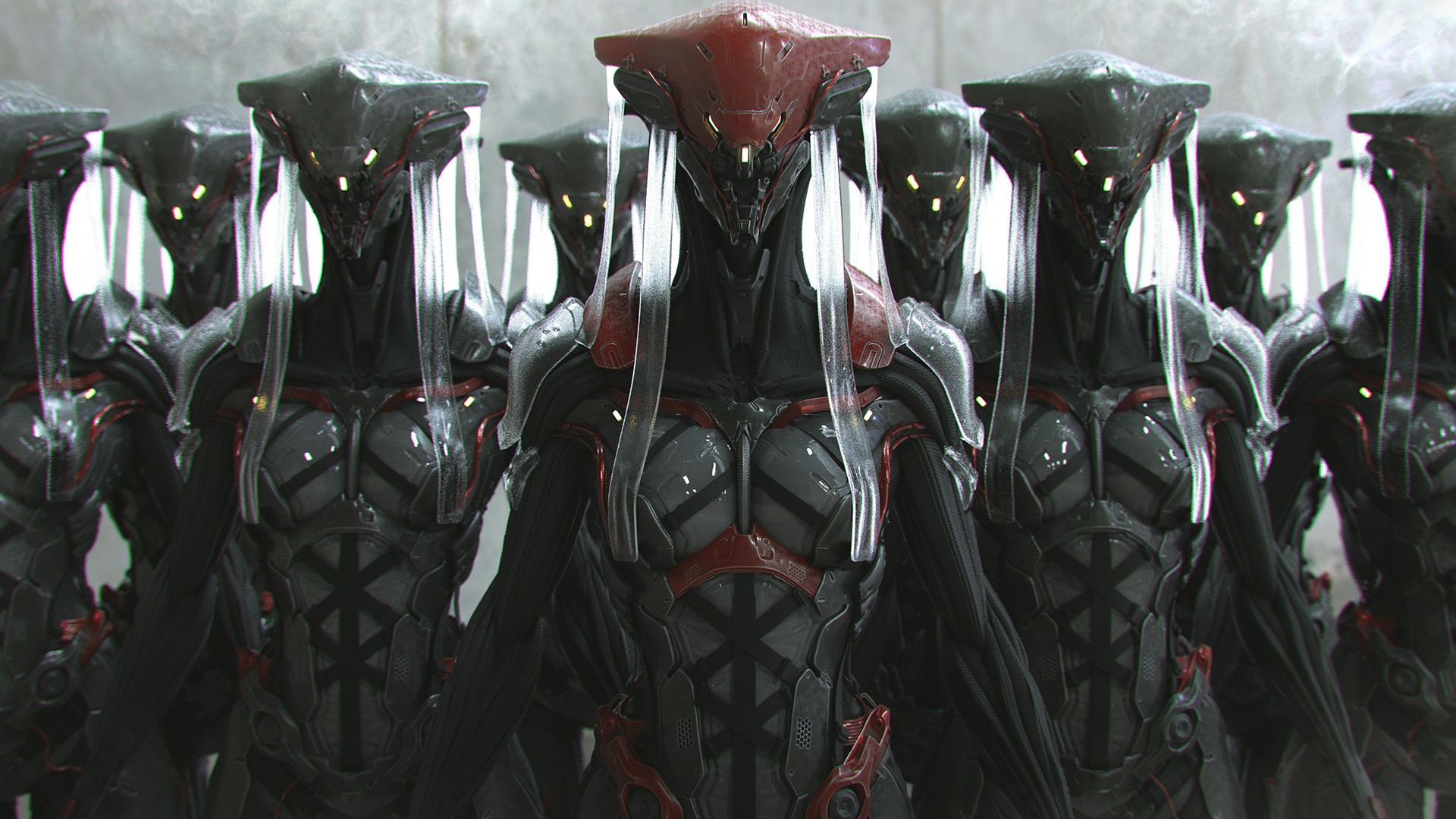 Group of robotic figures in science fiction digital art HD Wallpaper