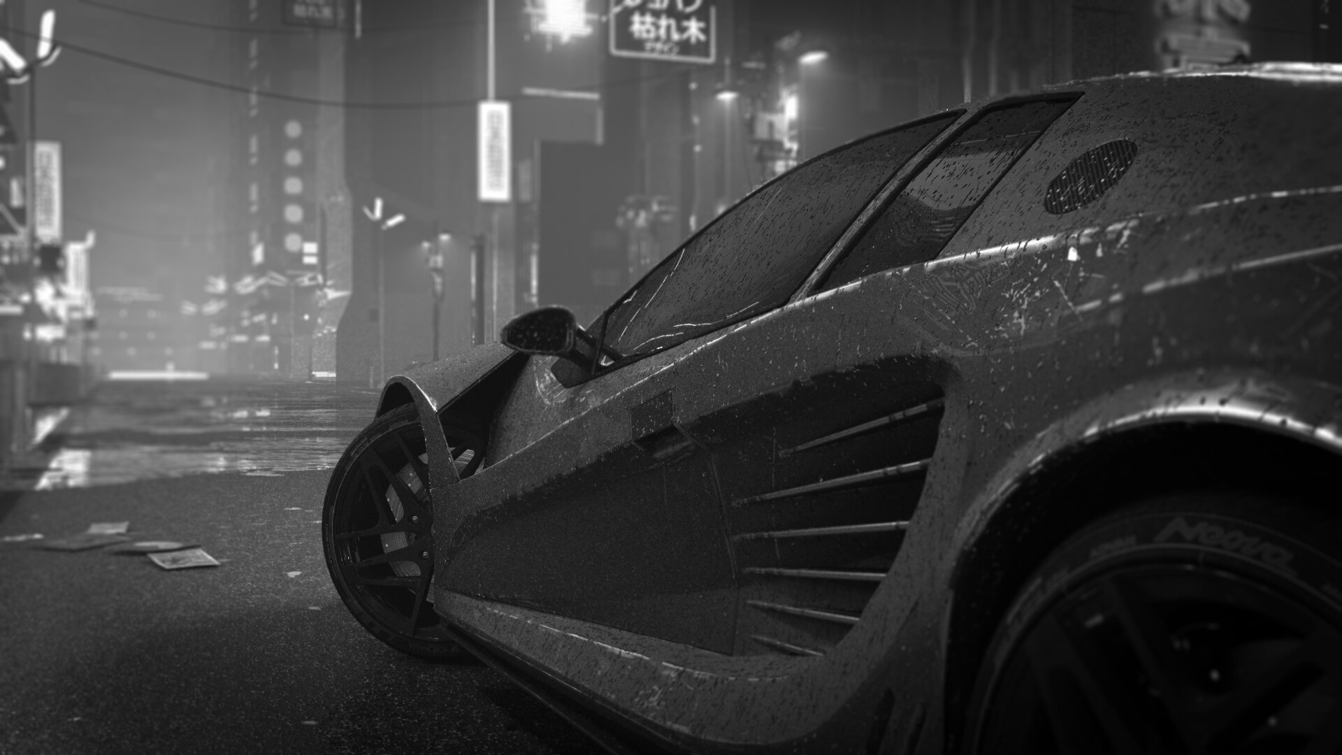 Monochrome sports car in rainy city at night HD Wallpaper