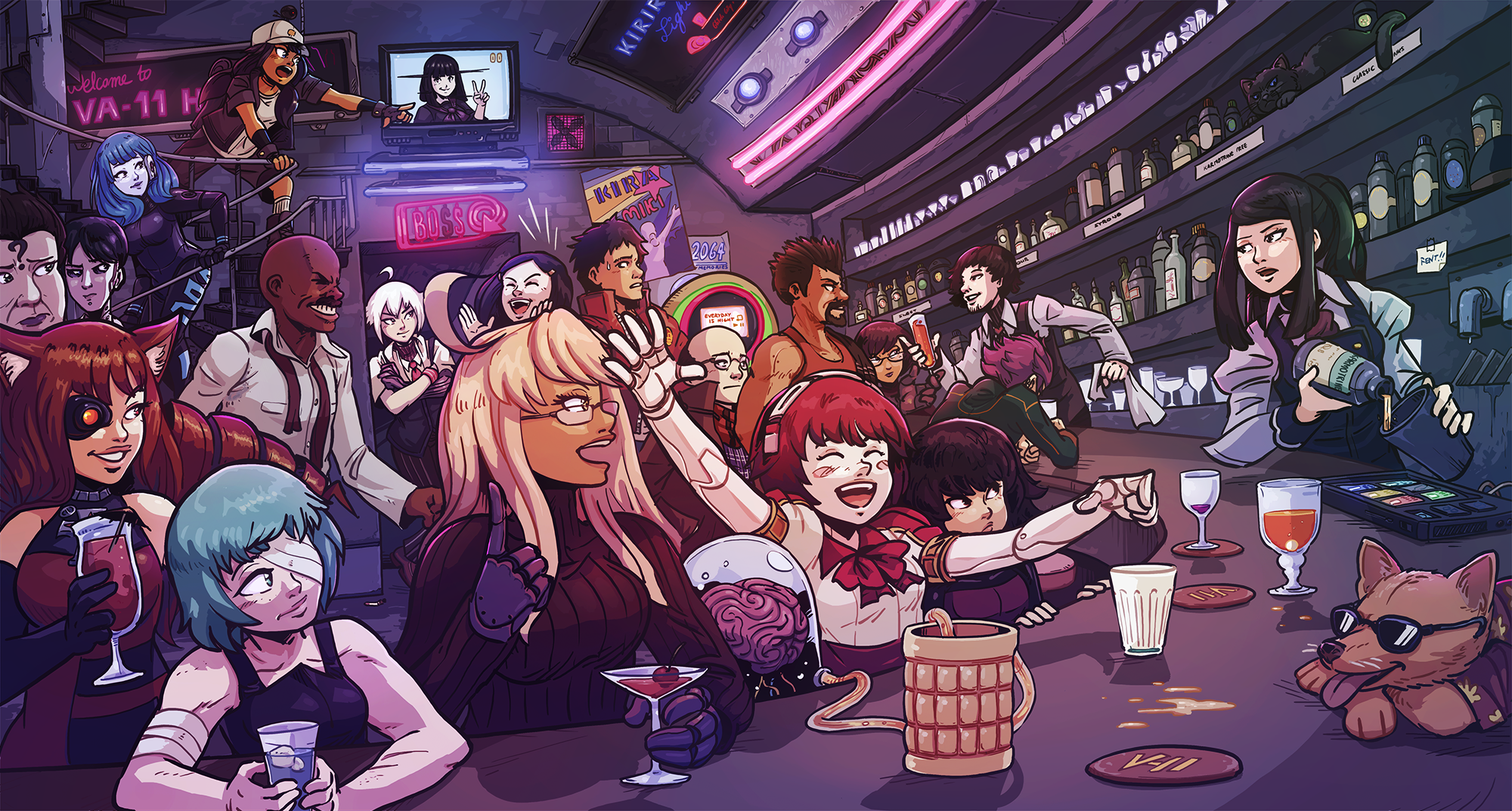 VA-11 Hall-A: Cyberpunk Bartender Action characters at a bar HD Wallpaper