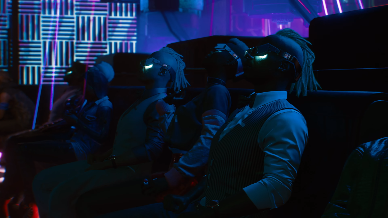 People wearing VR headsets in a dark room with neon lights HD Wallpaper