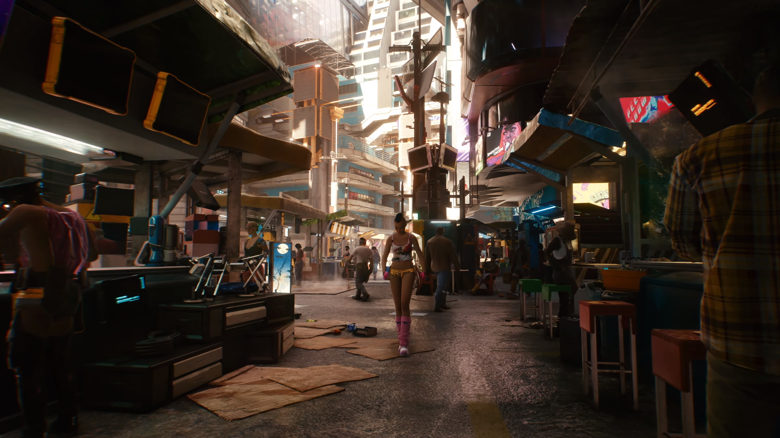 Cyberpunk 2077 street market scene HD Wallpaper
