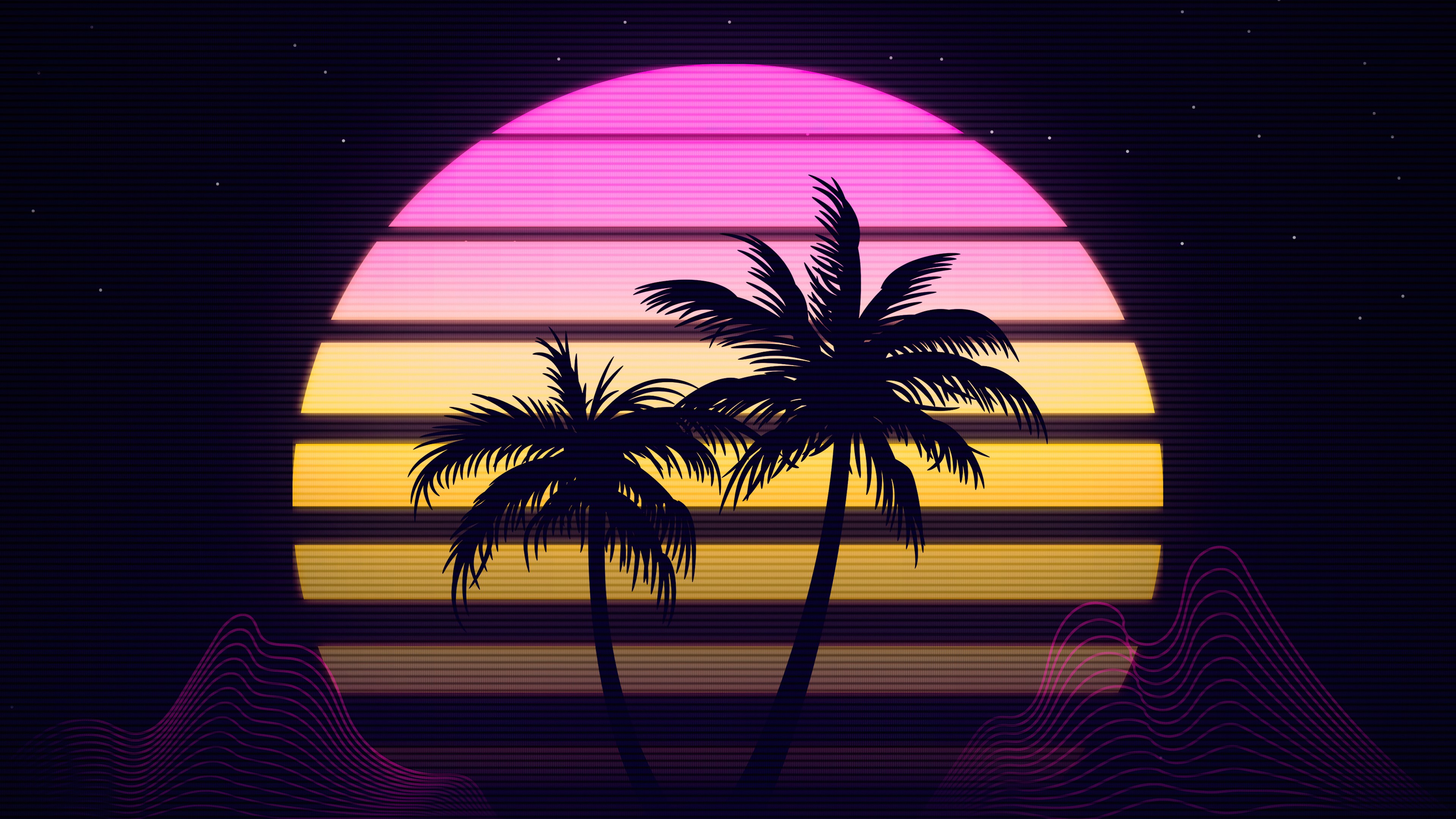 Retrowave digital art with palm trees and neon sunset HD Wallpaper