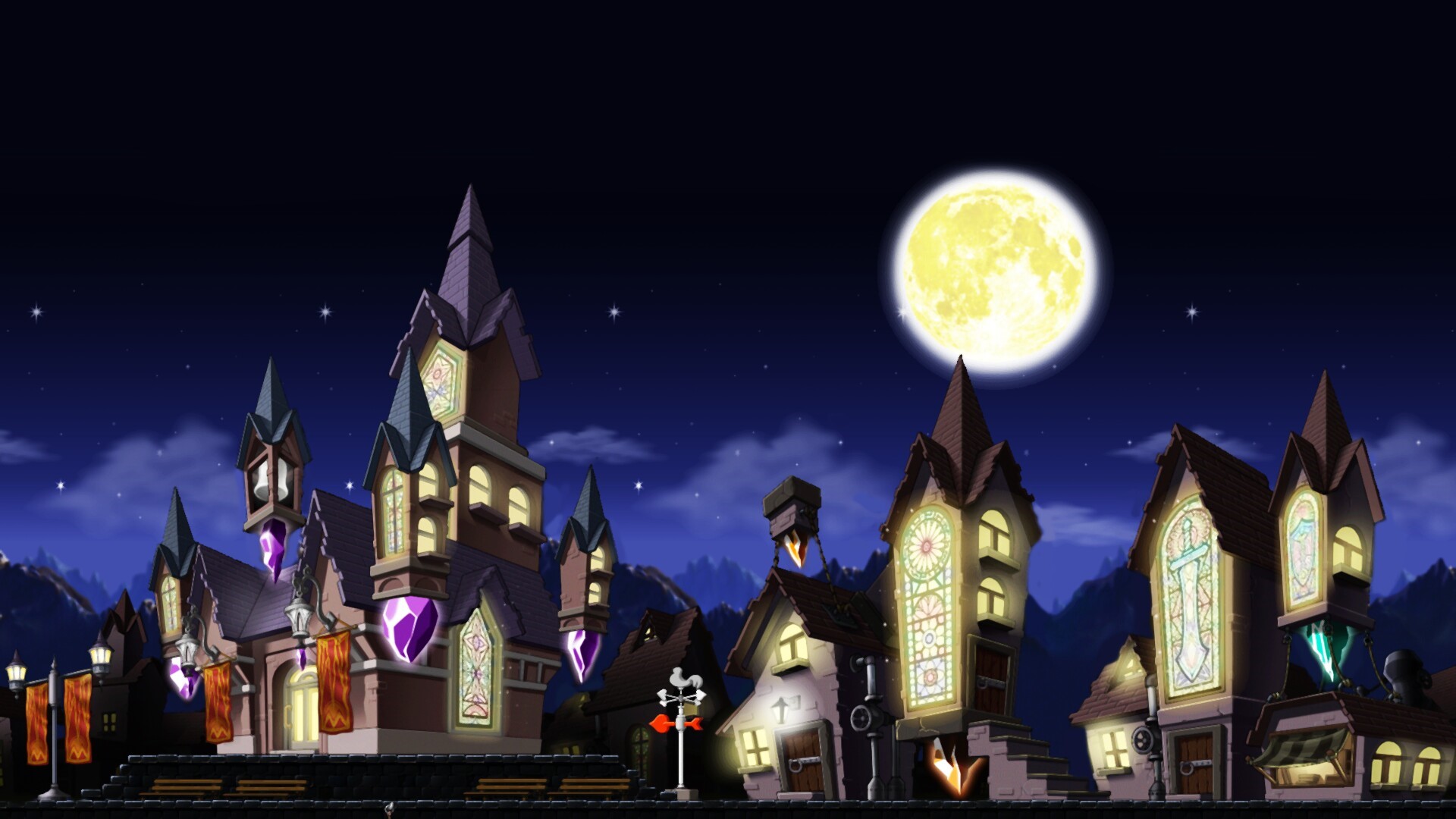 MapleStory night scene with buildings and moon HD Wallpaper