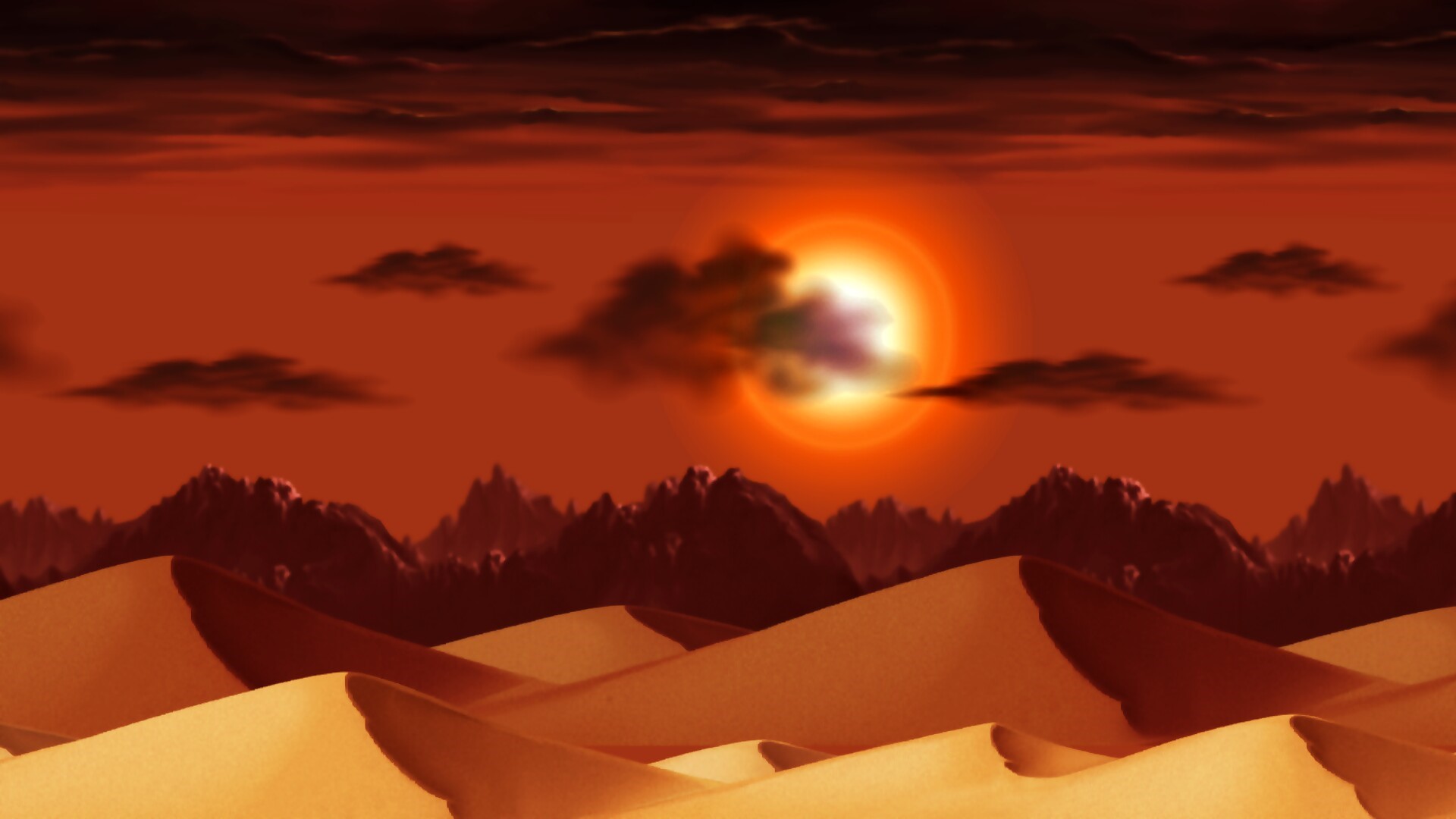 Desert landscape with a large sun at sunset HD Wallpaper