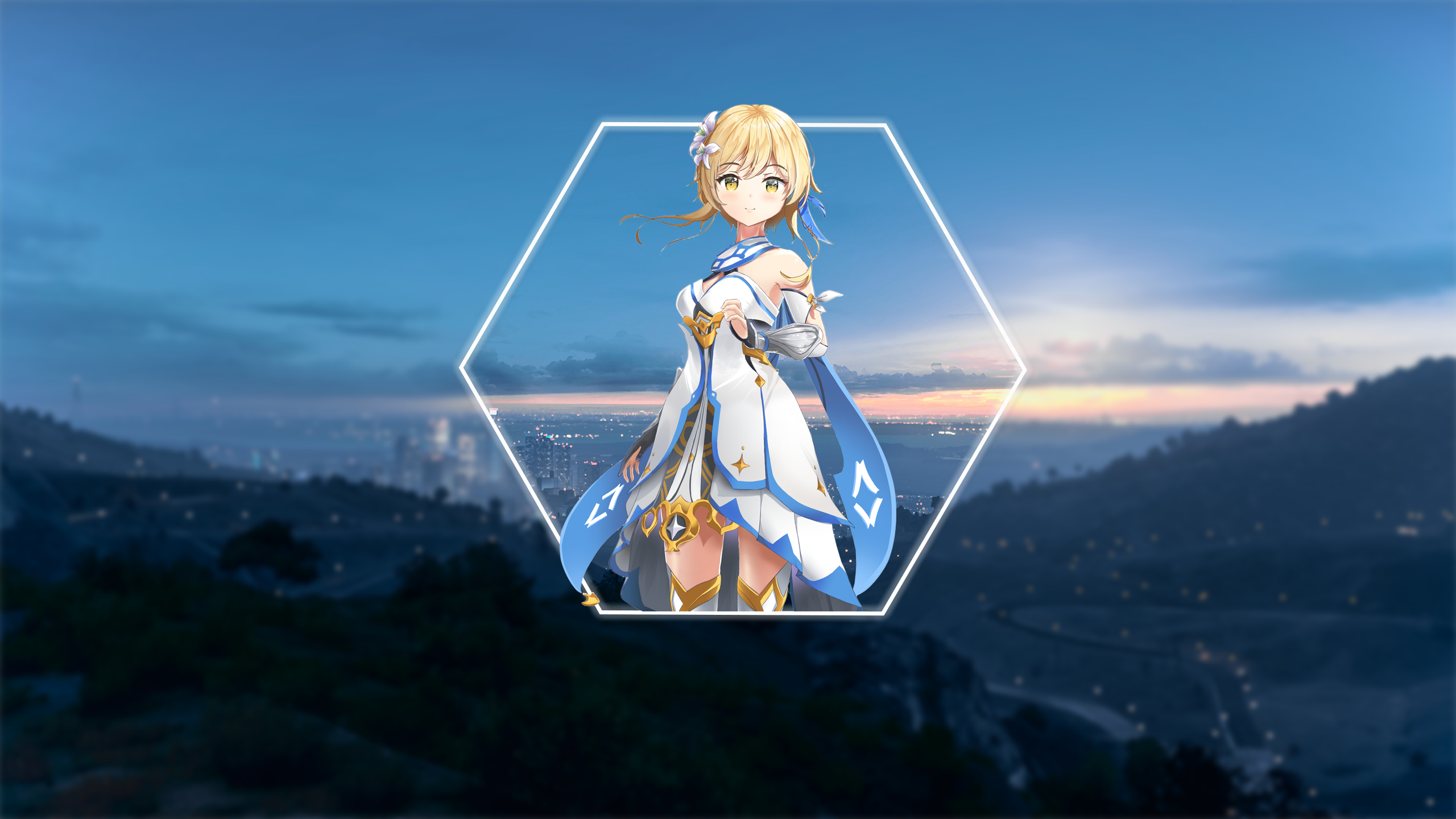Lumine from Genshin Impact in a hexagonal frame HD Wallpaper