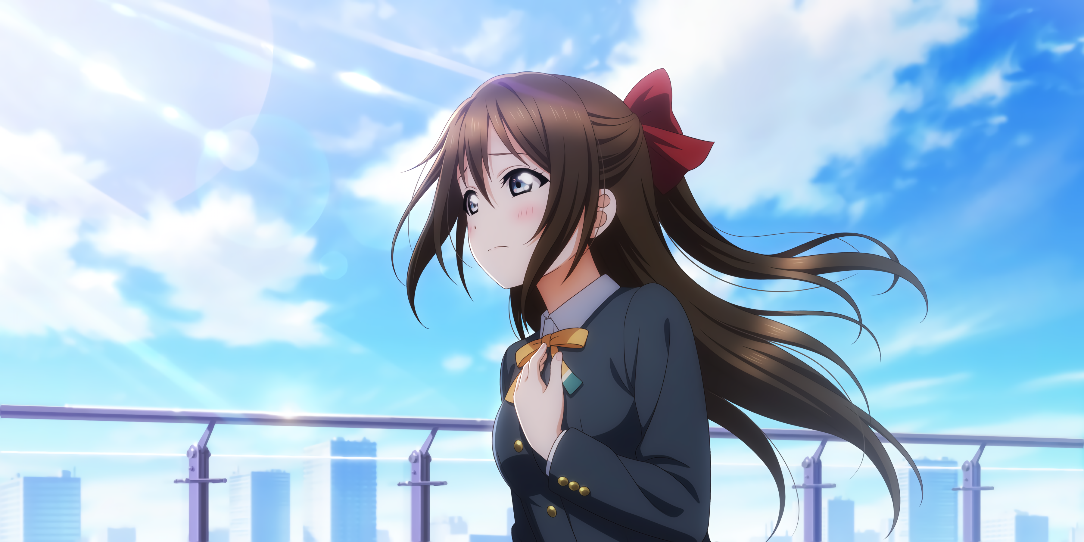 Anime girl with brown hair and red bow in Love Live! Sunshine HD Wallpaper