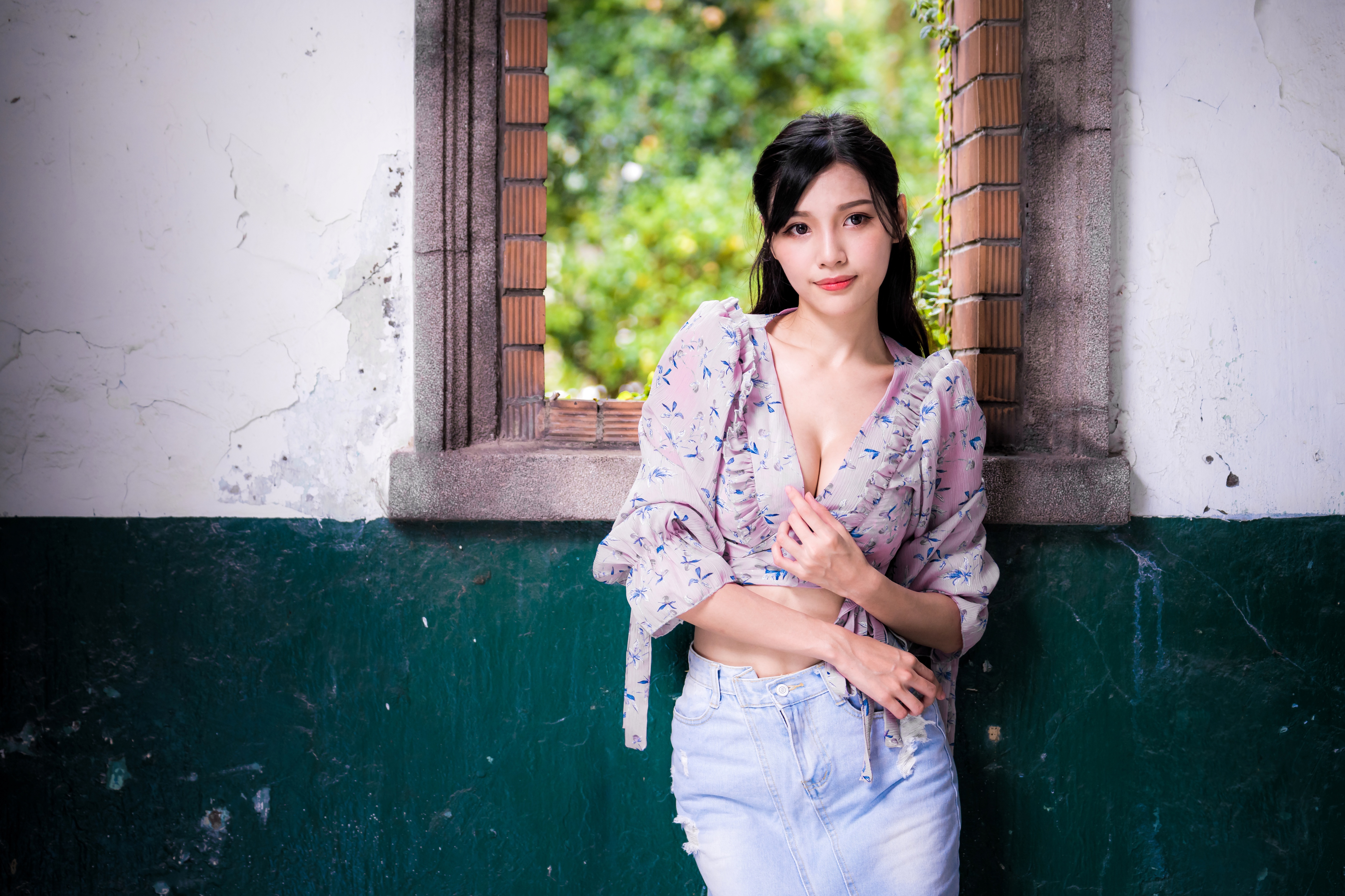 Asian Model with Black Hair in Window Frame 4K HD Wallpaper