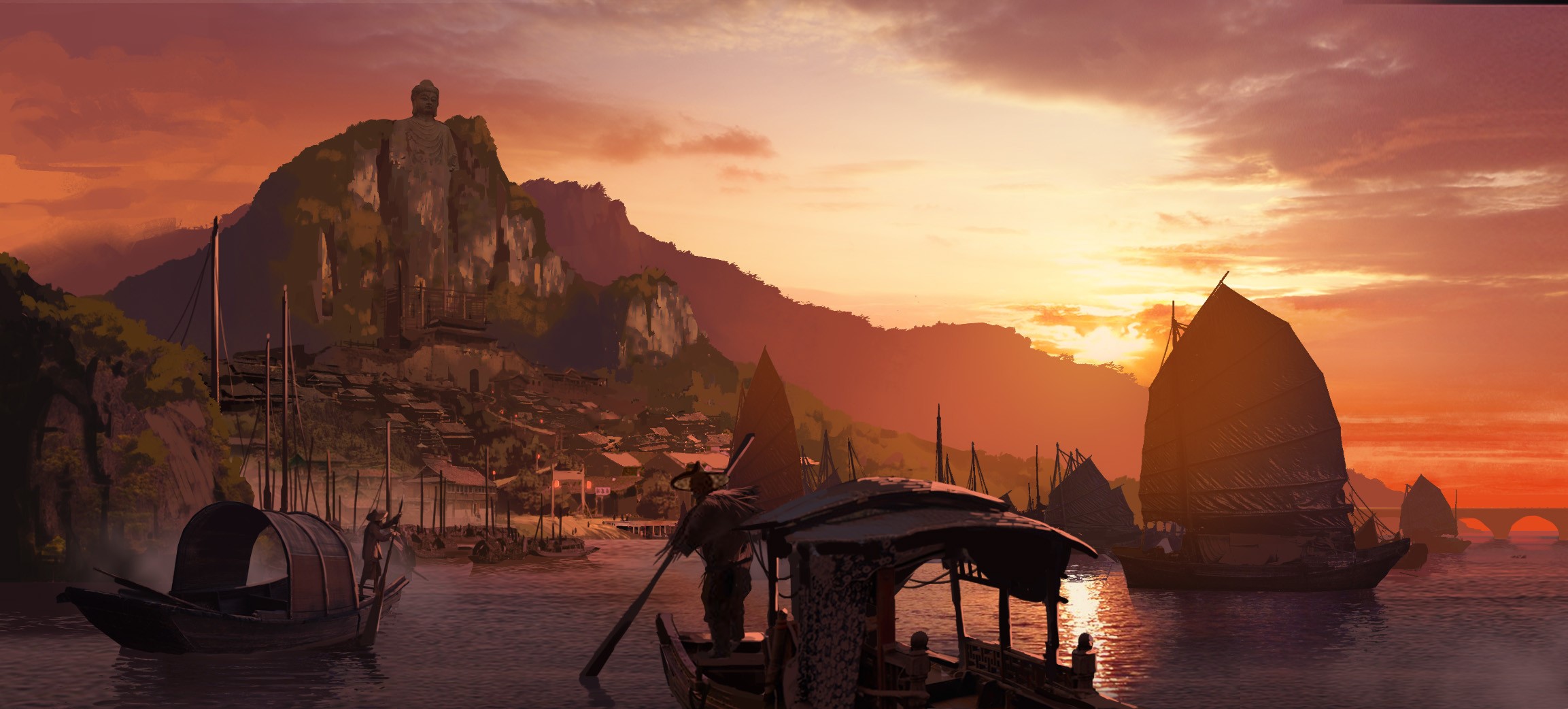 Boats on a lake at sunset with mountains and a village HD Wallpaper