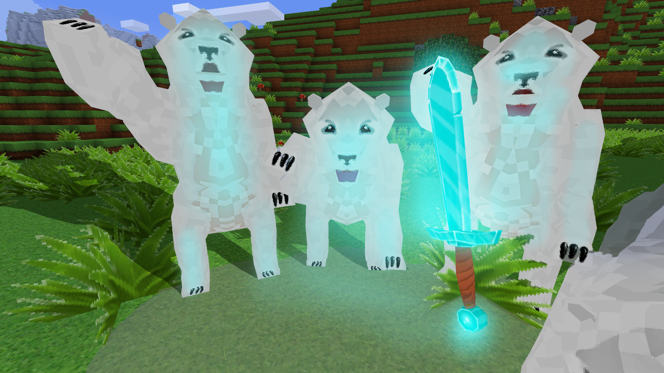 Three polar bears in a pixel art video game landscape HD Wallpaper