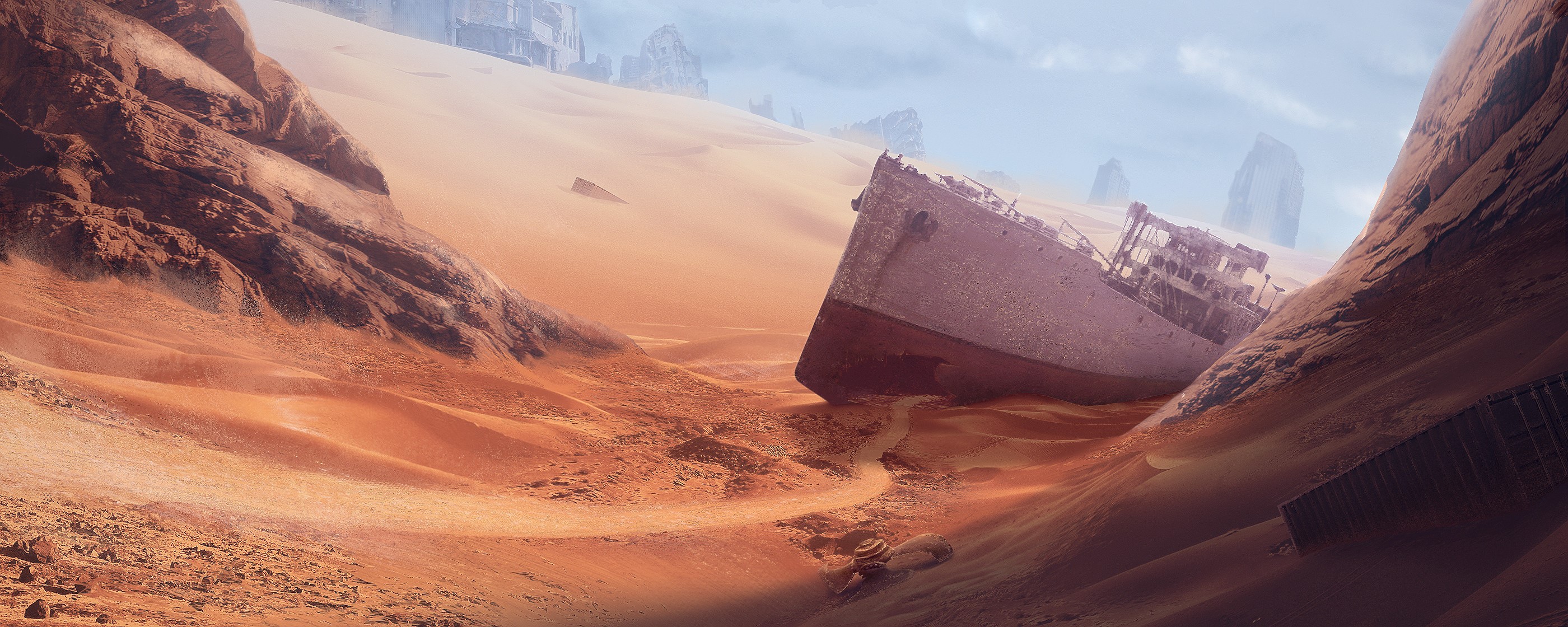 Shipwreck in a futuristic desert landscape HD Wallpaper