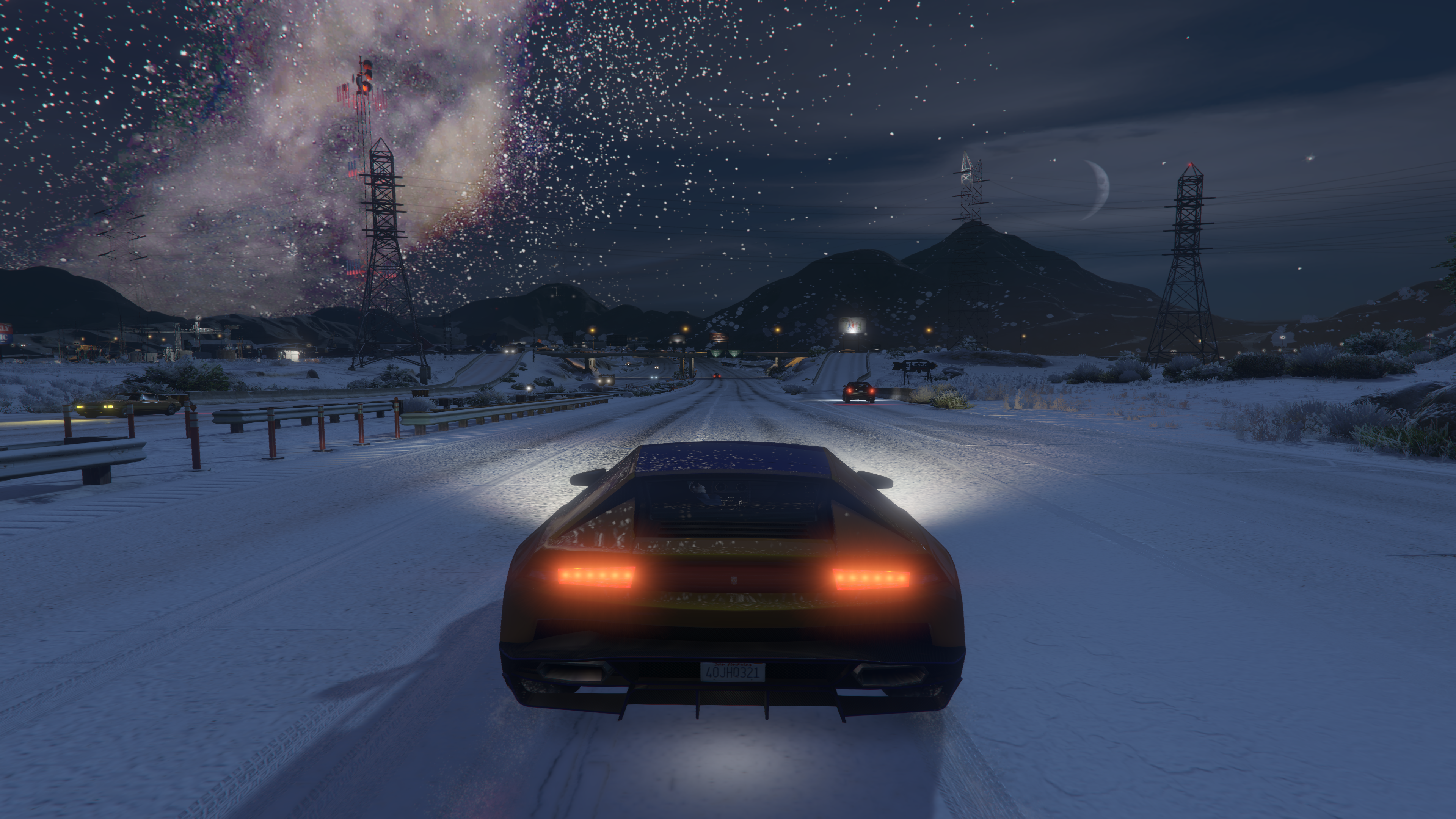 4K Grand Theft Auto V: Lamborghini on Snowy Highway at Night HD Wallpaper