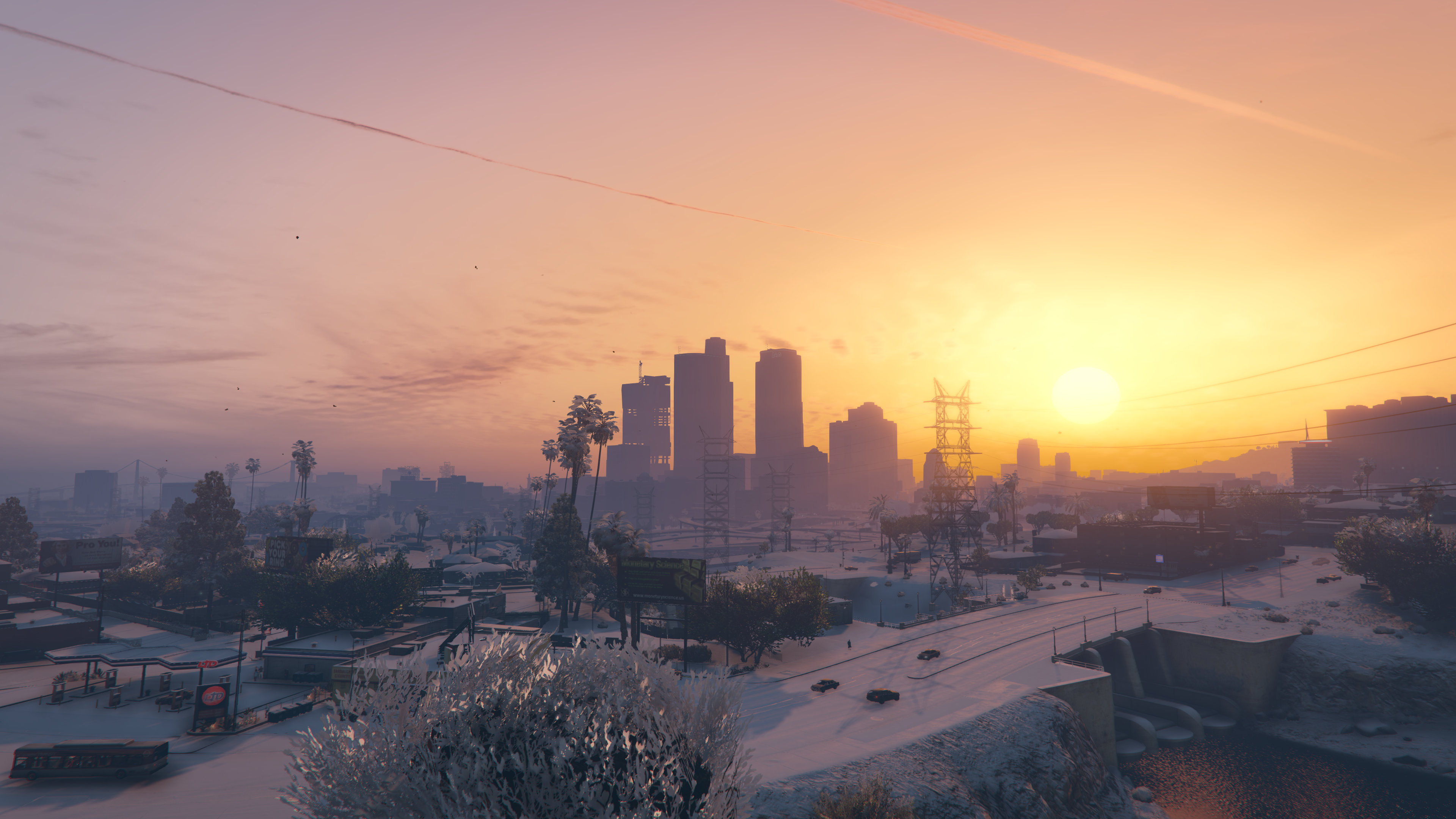 4K screenshot of Los Angeles in Grand Theft Auto V during sunset with snow HD Wallpaper