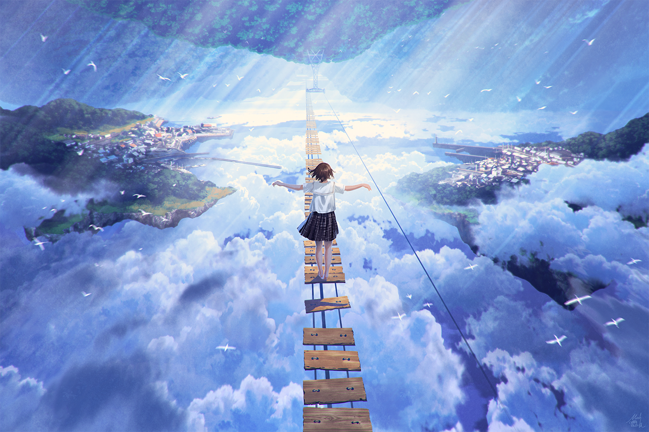 Anime girl on a rope bridge between floating islands HD Wallpaper