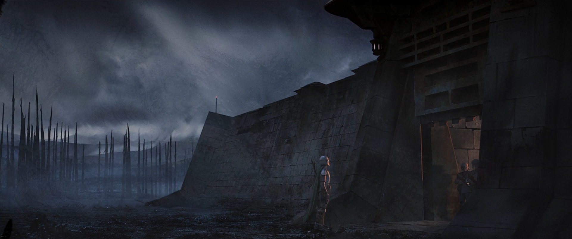 Mandalorian standing near a large stone structure HD Wallpaper