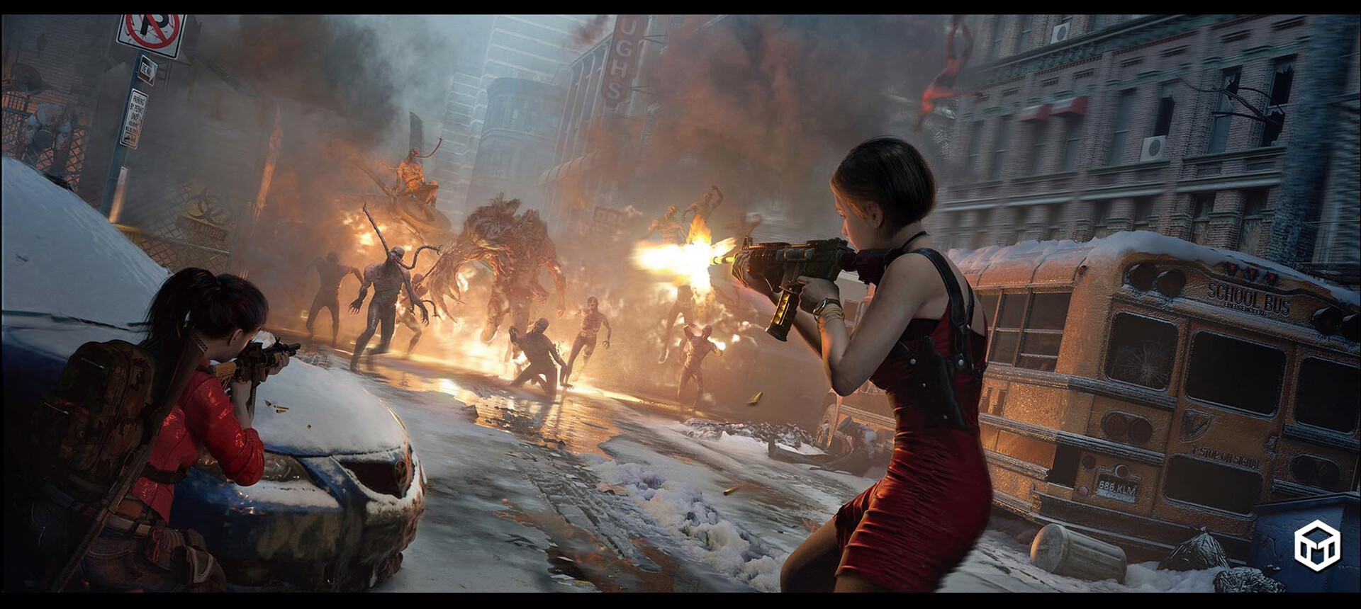 Ada Wong and Claire Redfield fighting zombies in Resident Evil 3 HD Wallpaper