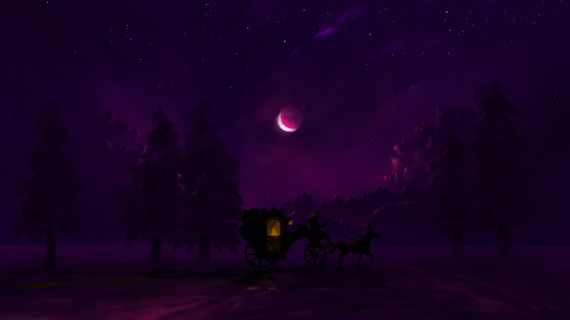 Digital art of a carriage and horse at night HD Wallpaper