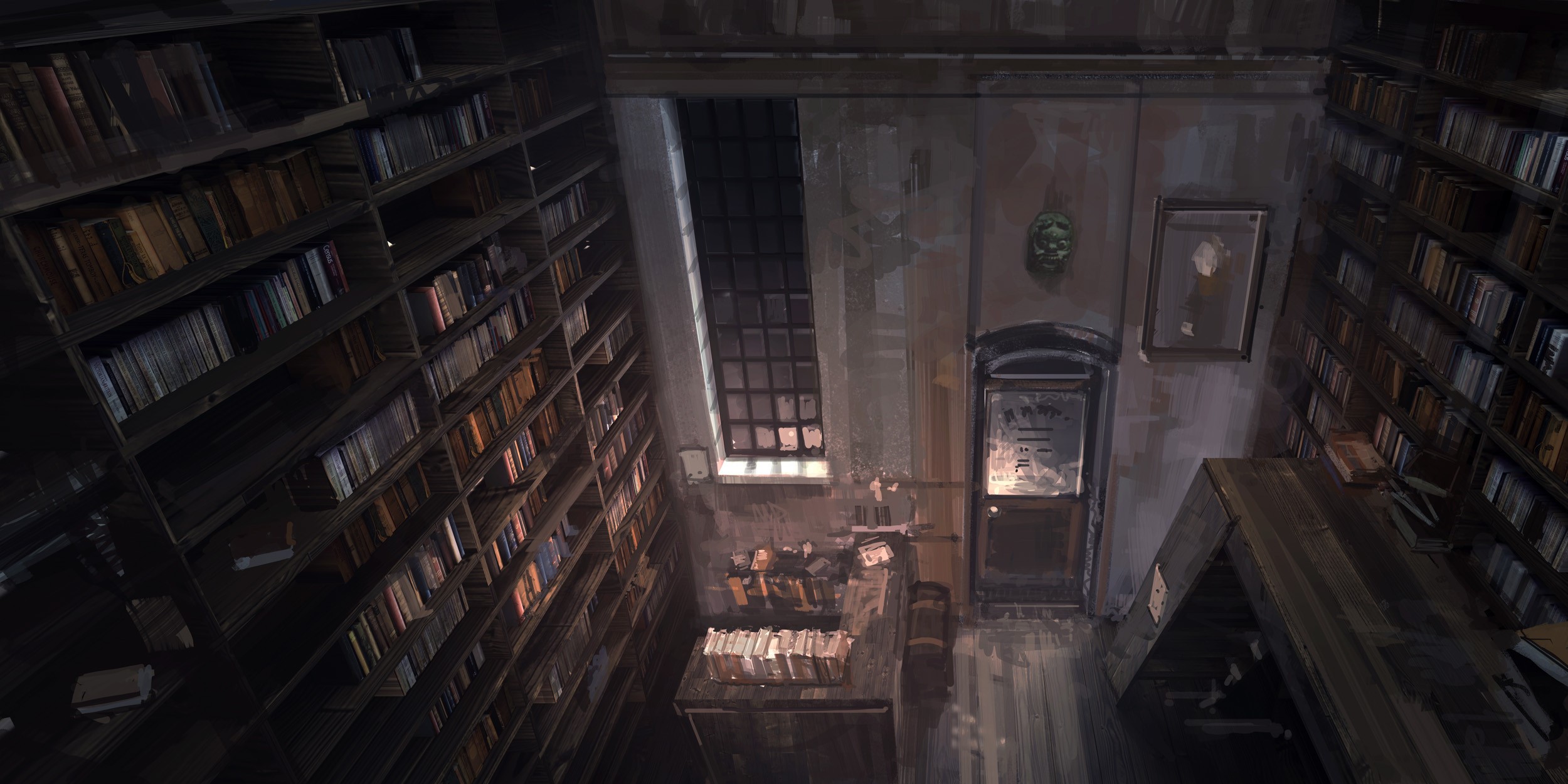 Interior of a dimly lit library with bookshelves and a window HD Wallpaper