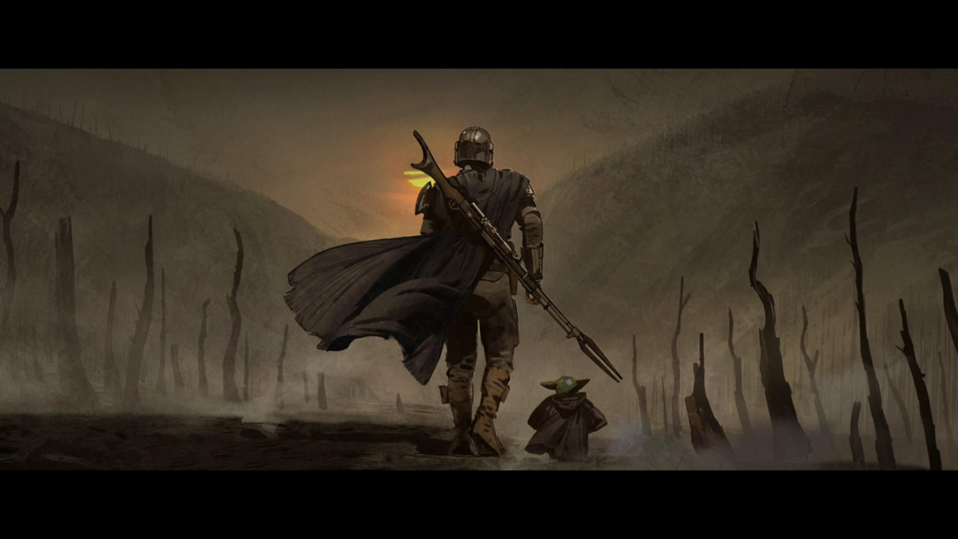 The Mandalorian and Grogu in a desolate landscape HD Wallpaper