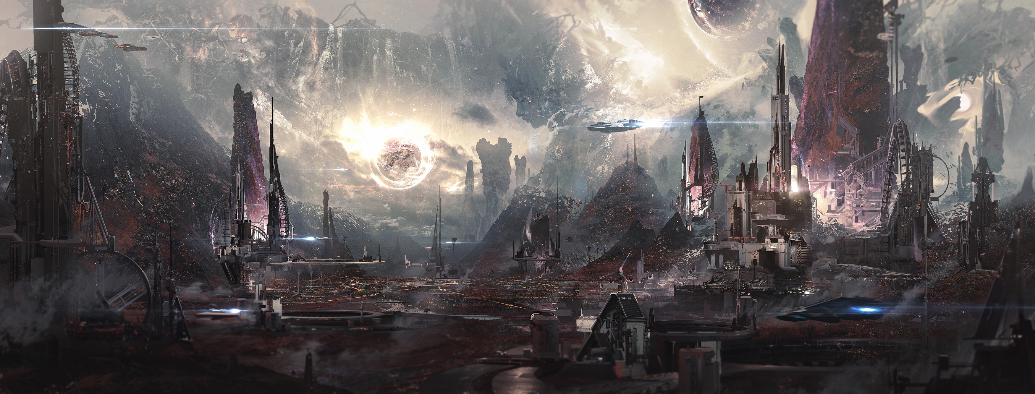 Sci-fi city with futuristic architecture and spacecraft HD Wallpaper