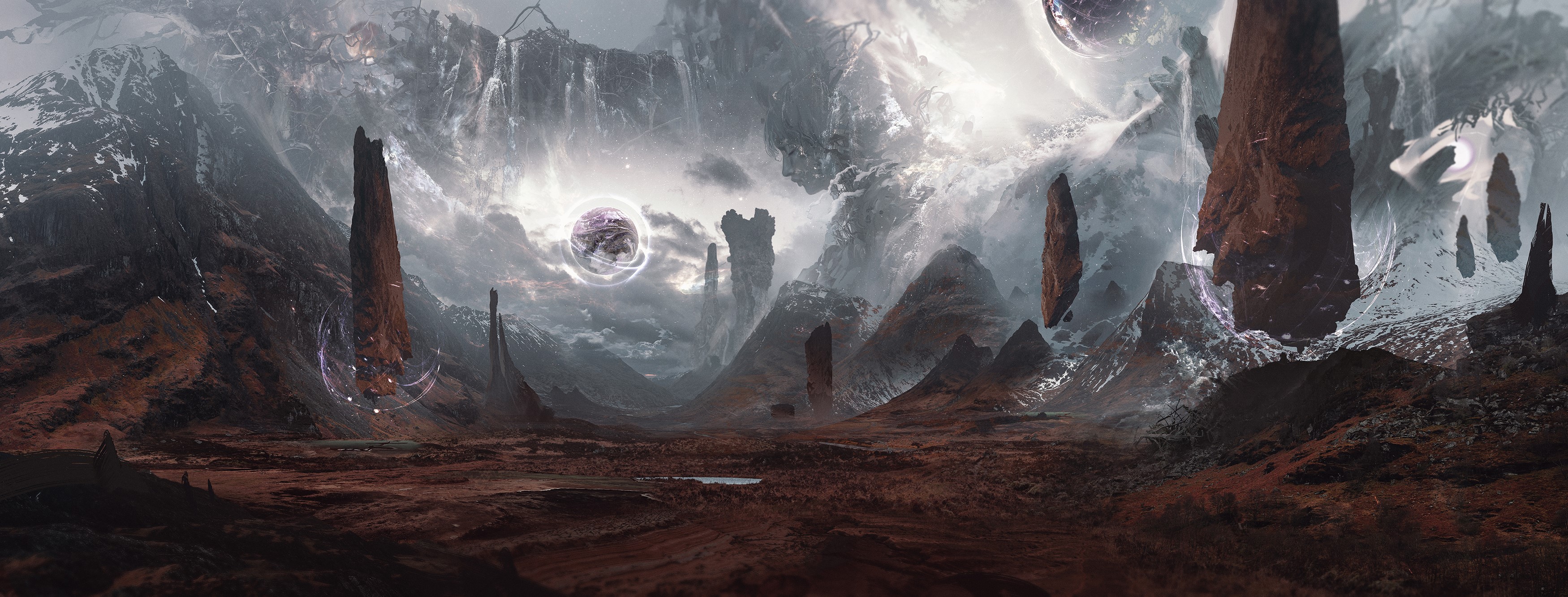 Alien landscape with monoliths and celestial bodies HD Wallpaper