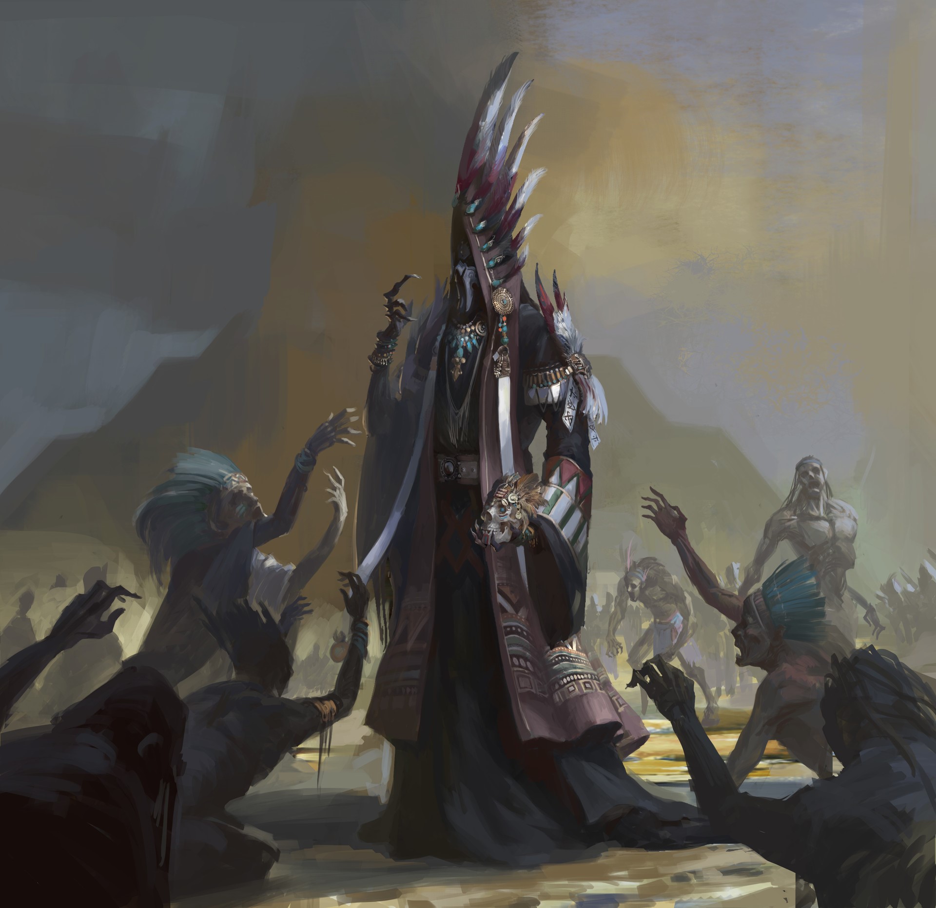 Fantasy artwork of a shaman surrounded by undead HD Wallpaper