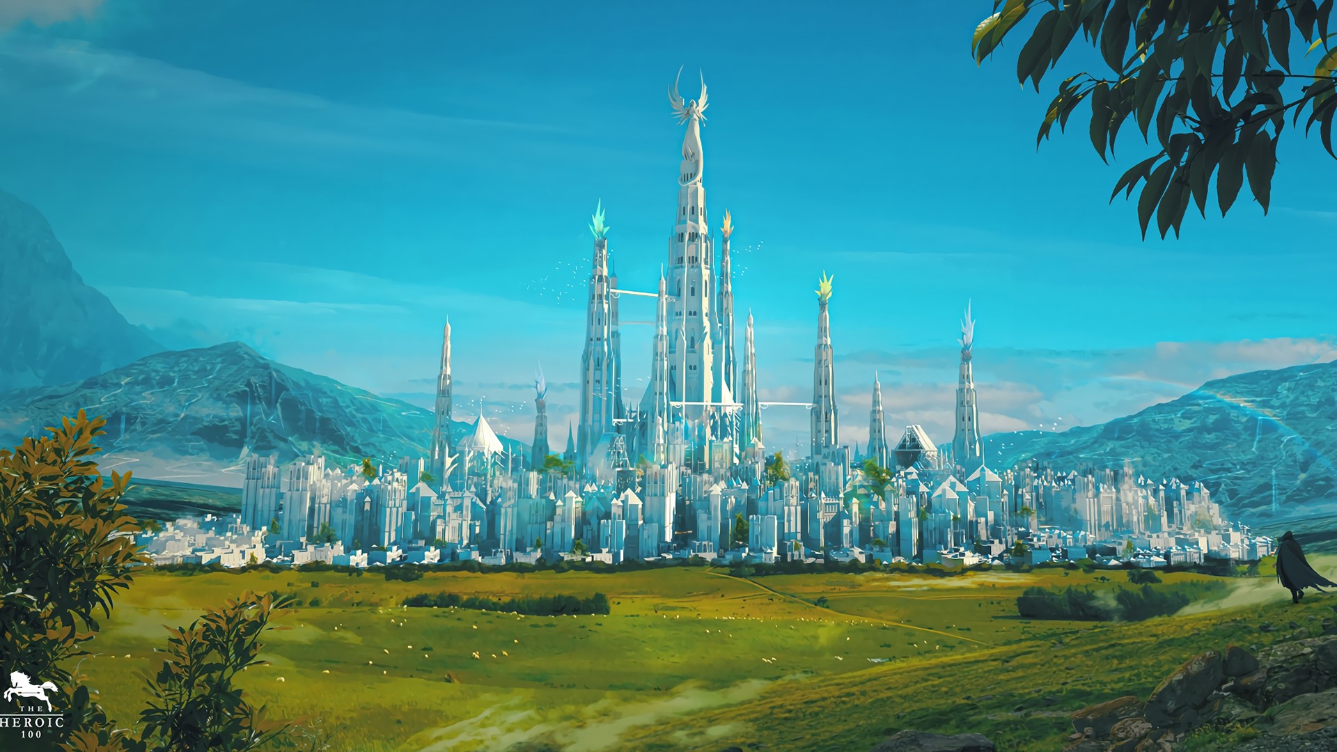 Fantasy city with tall spires and mountains HD Wallpaper