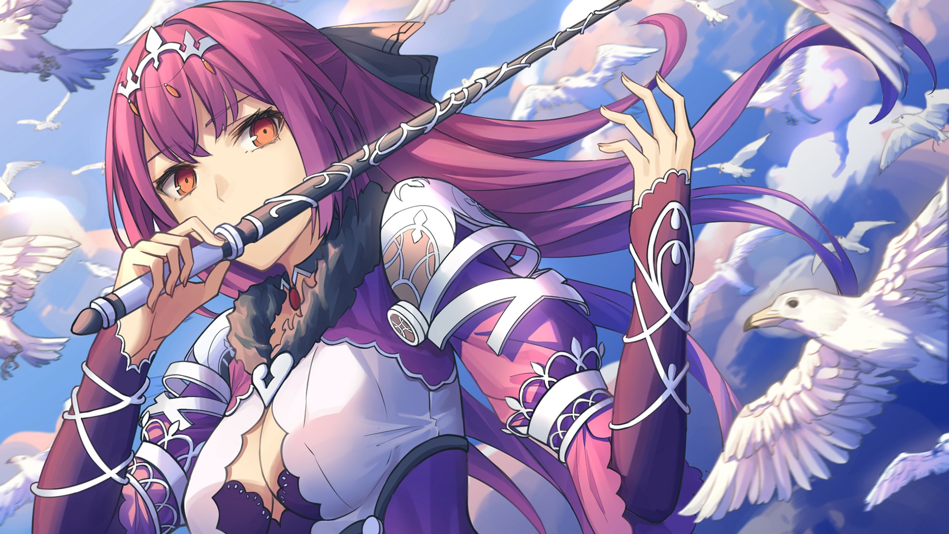 Skadi from Fate/Grand Order playing a flute with birds HD Wallpaper