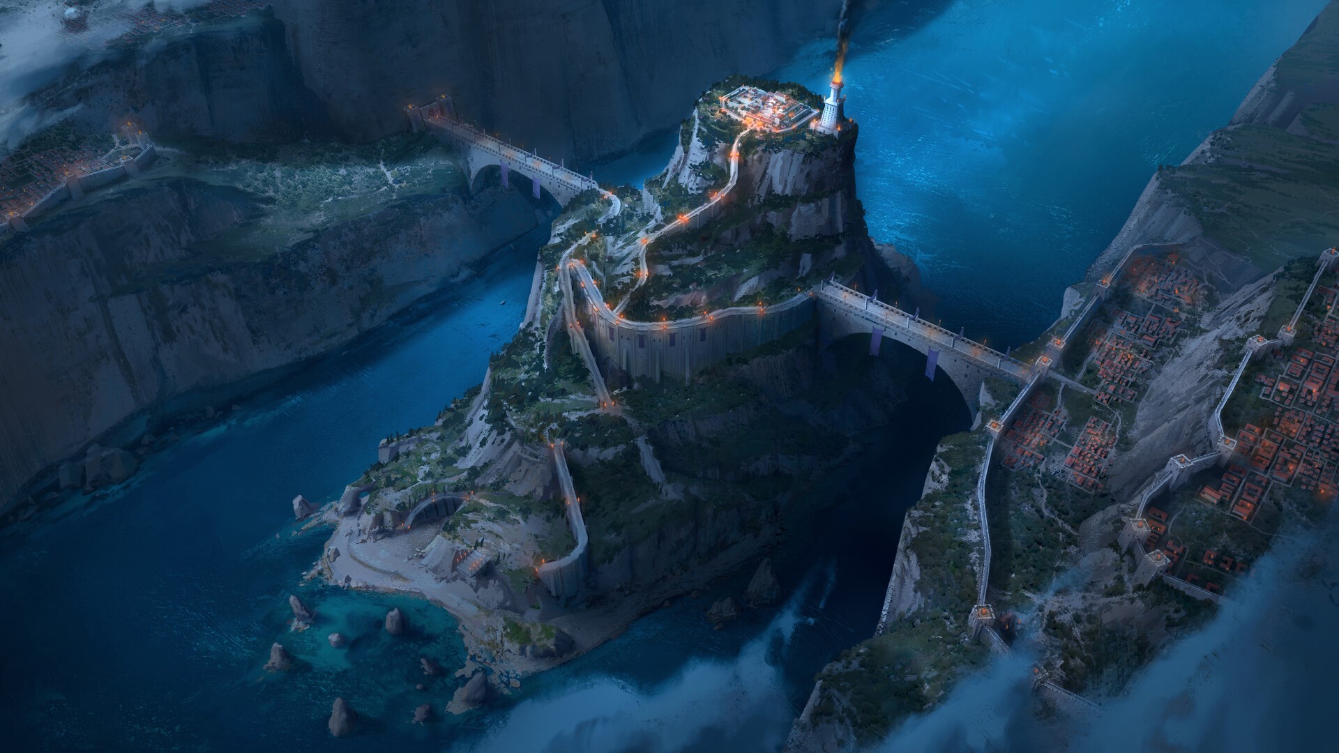 Digital art of a fortified city on a mountain island connected by bridges HD Wallpaper