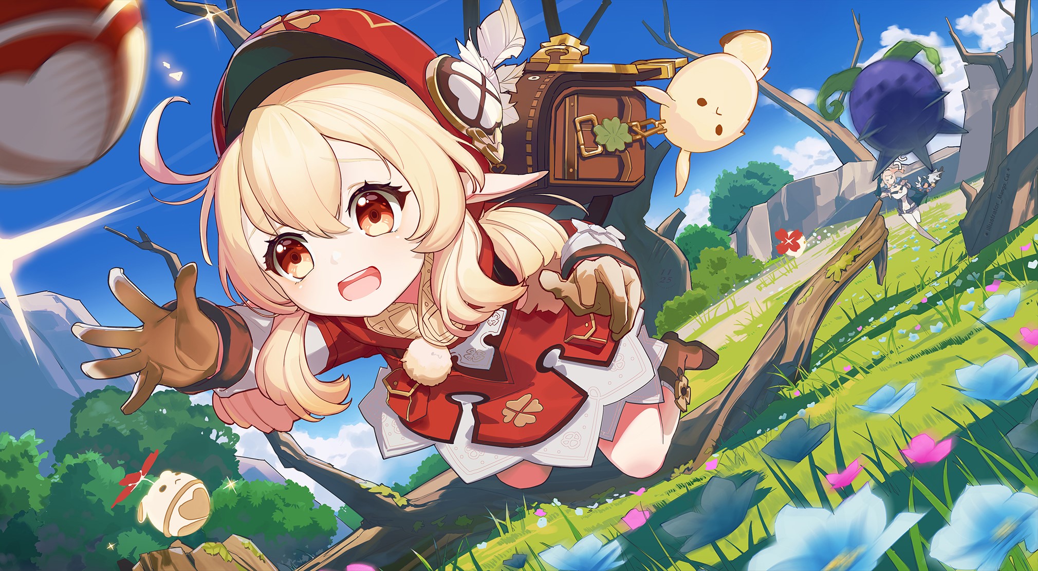 Klee from Genshin Impact jumping in a field HD Wallpaper