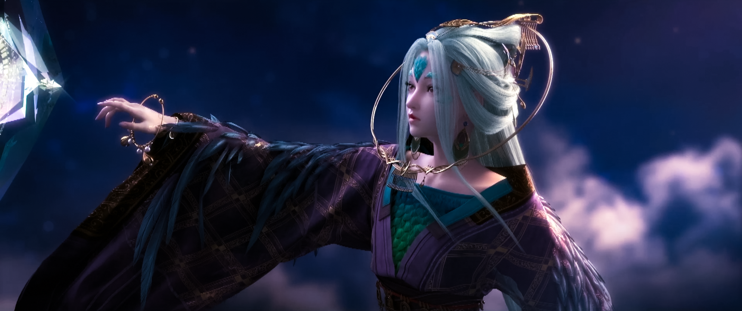 Fantasy woman with long white hair reaching for a crystal HD Wallpaper
