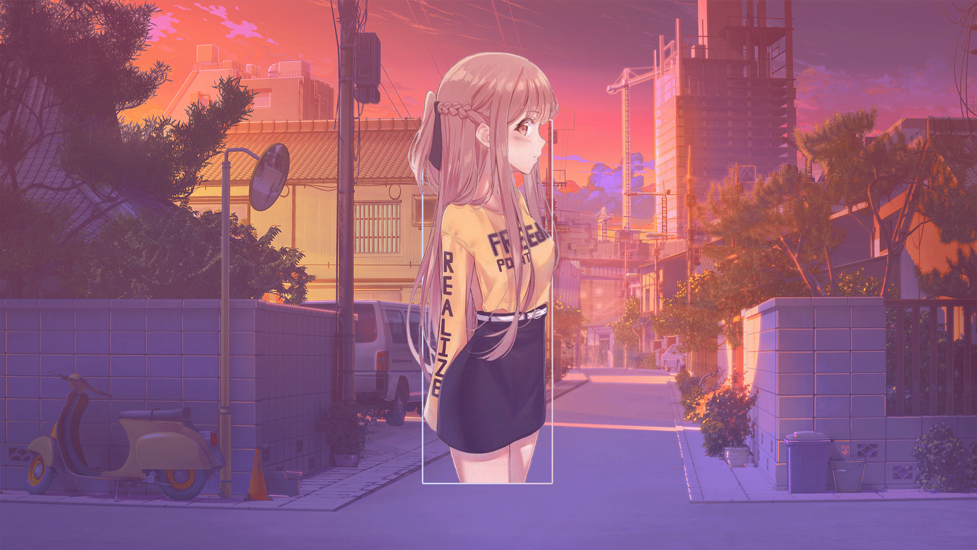 Anime girl in yellow shirt and black skirt on city street HD Wallpaper