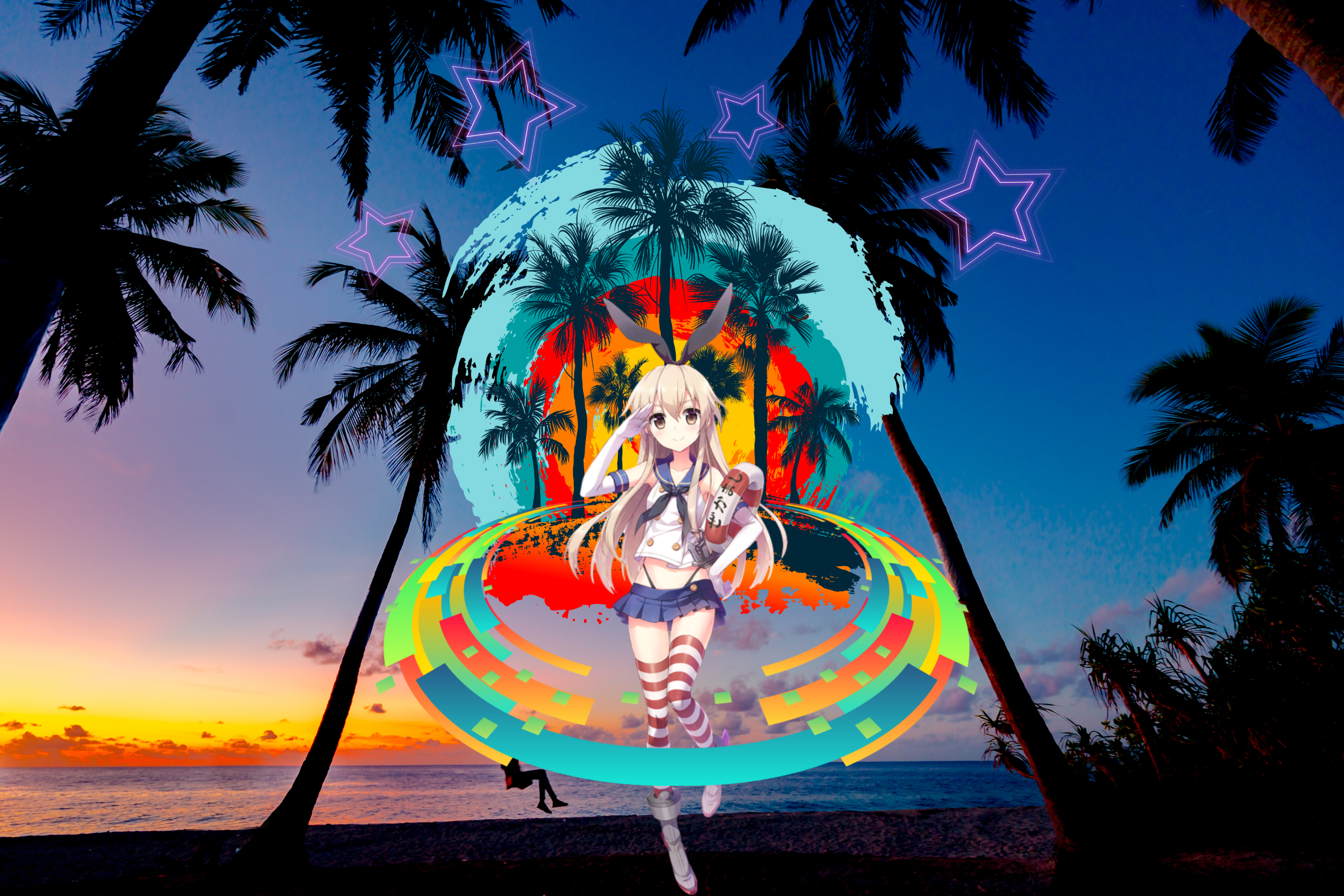 Anime girl on a beach with palm trees and abstract art HD Wallpaper