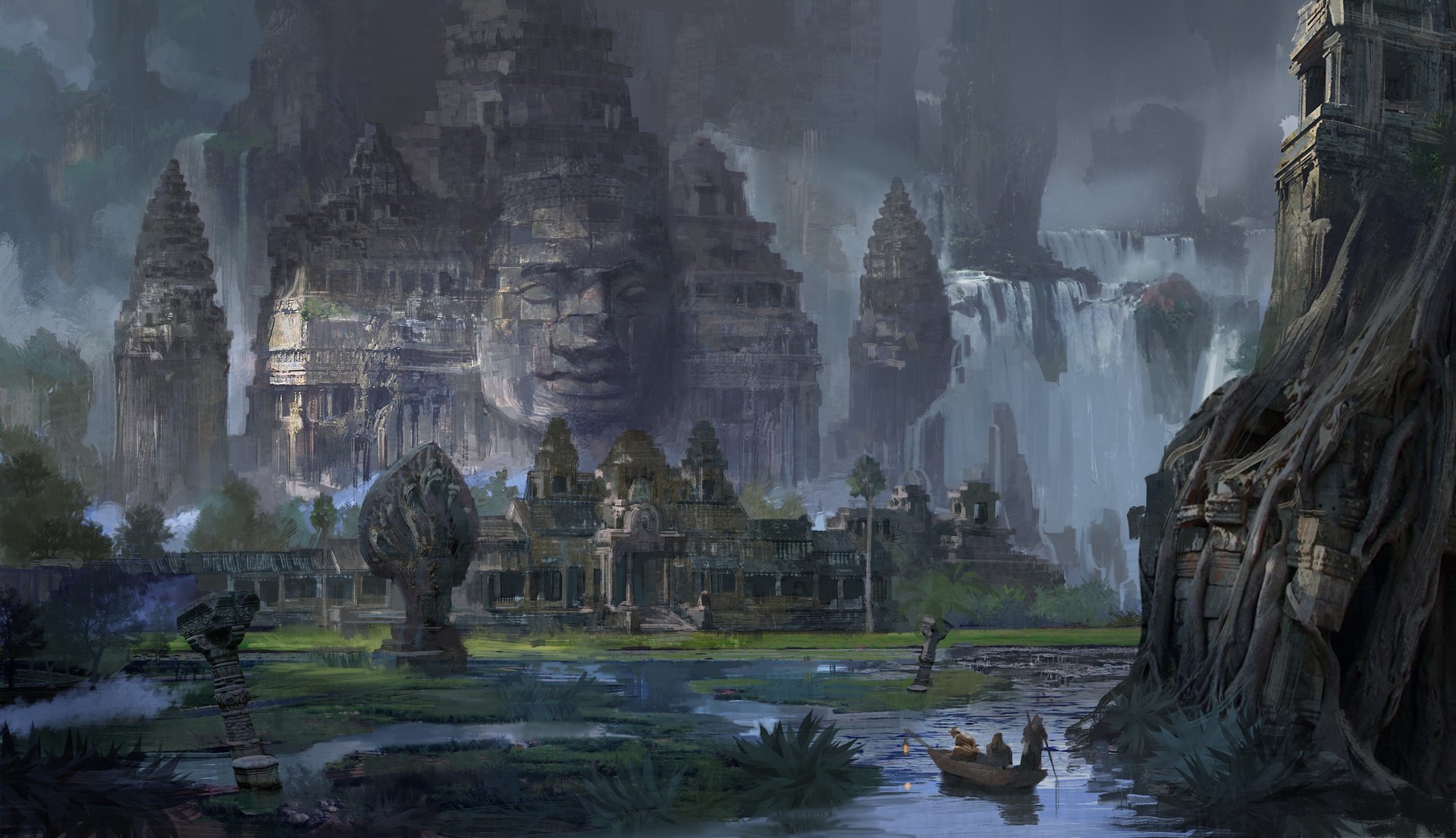 Fantasy ancient temple ruins with waterfalls and a boat HD Wallpaper