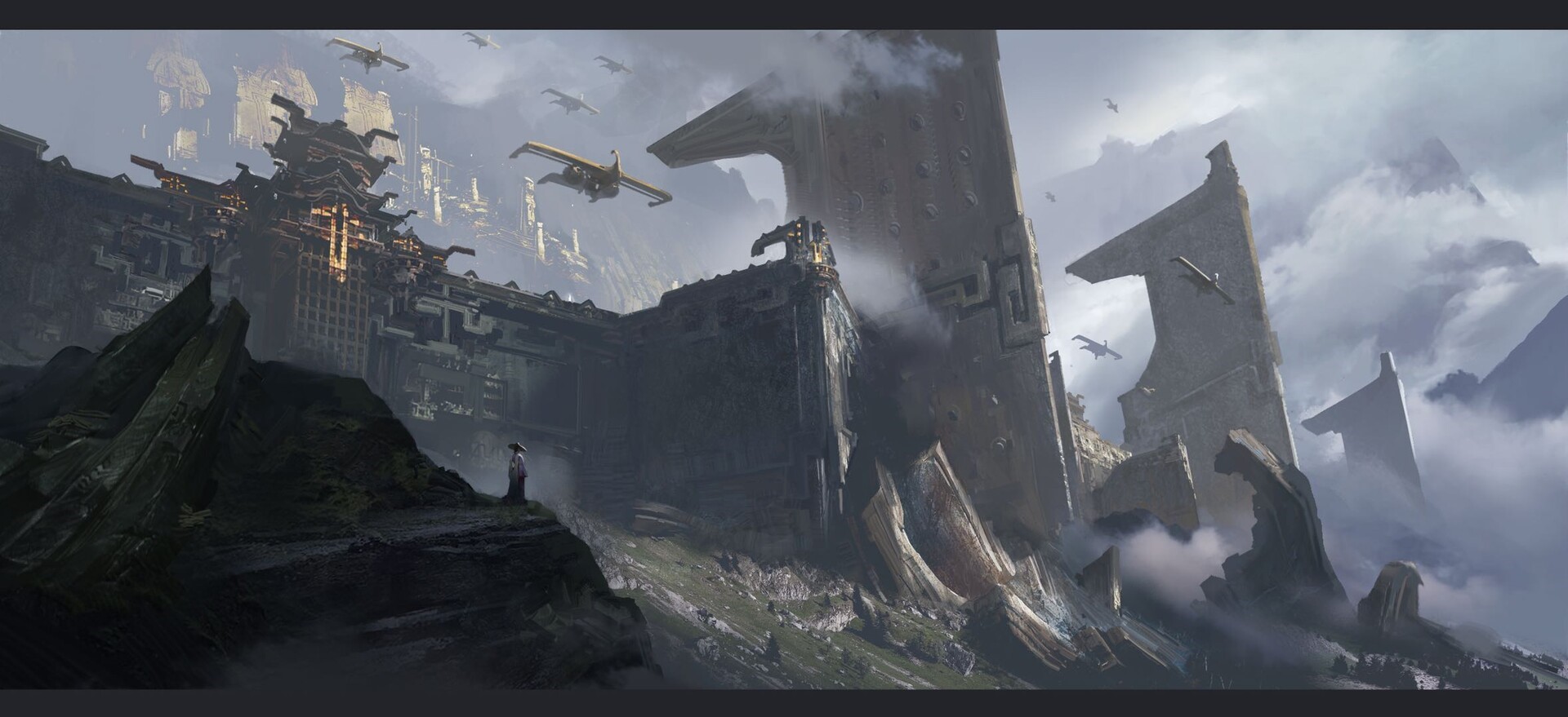 Futuristic city artwork with flying vehicles HD Wallpaper