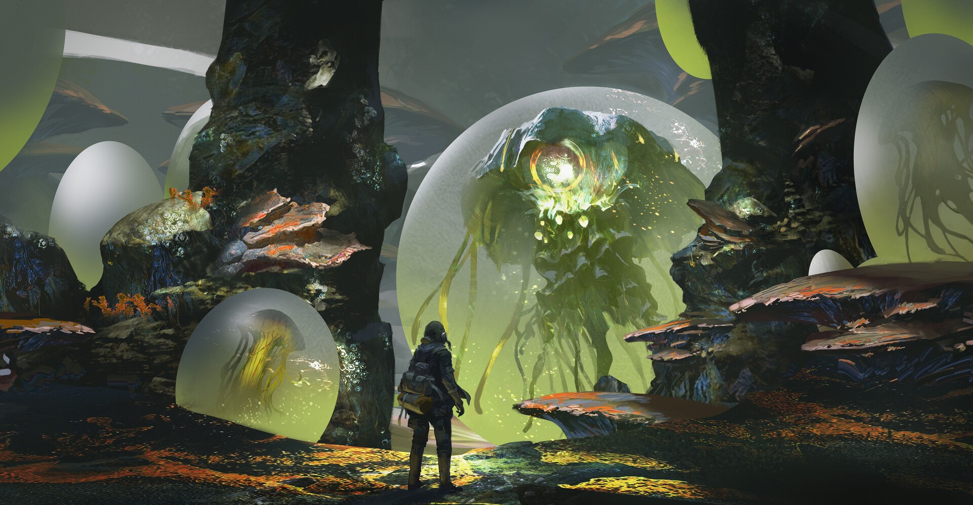 Science fiction artwork of a creature in a bubble HD Wallpaper