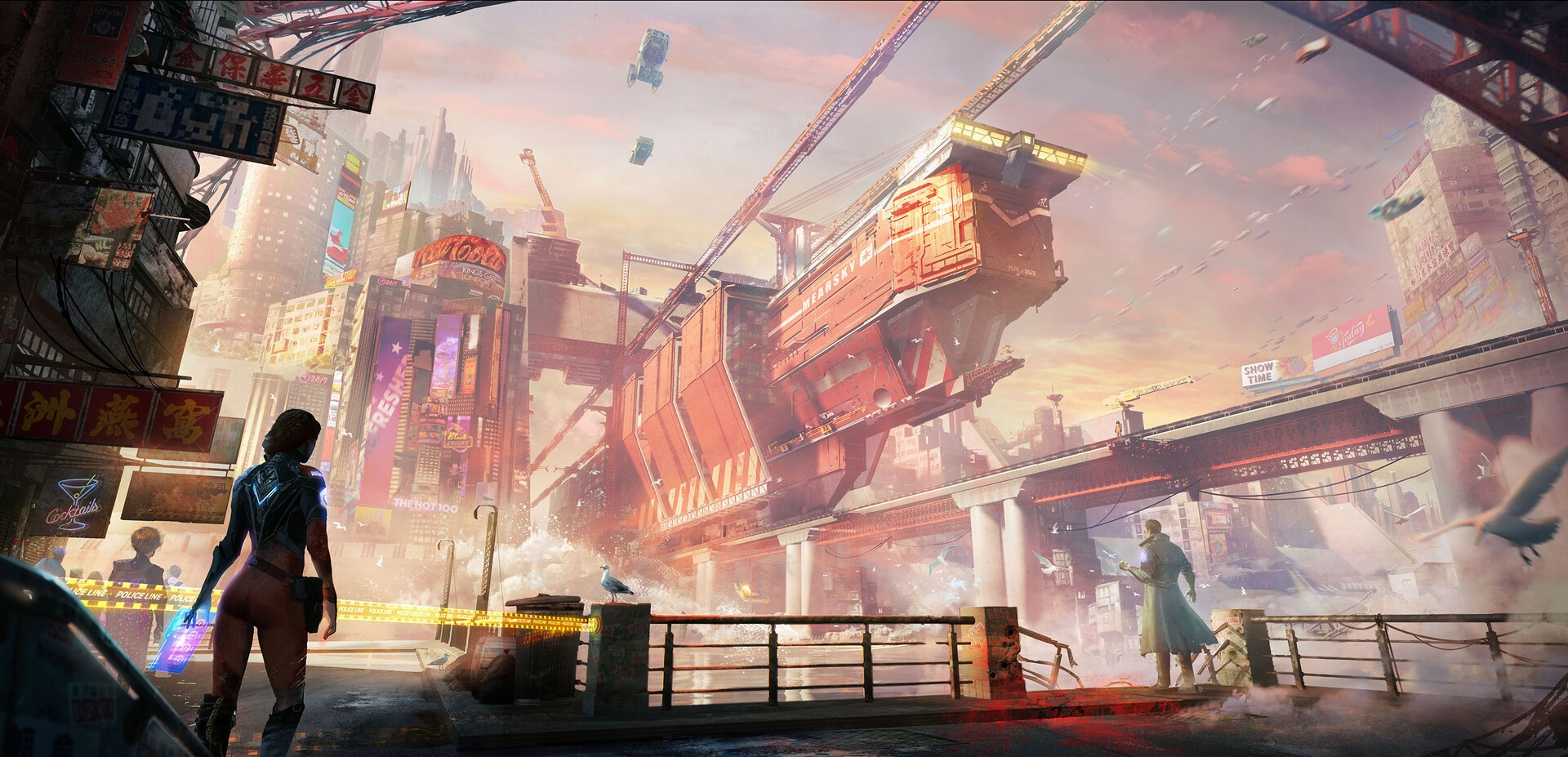 Futuristic city with a large red vehicle and two figures HD Wallpaper