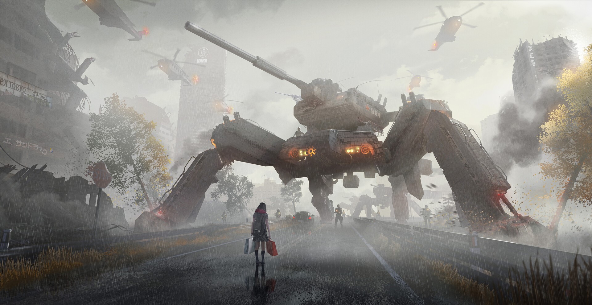 Giant mech and helicopters in a ruined city HD Wallpaper