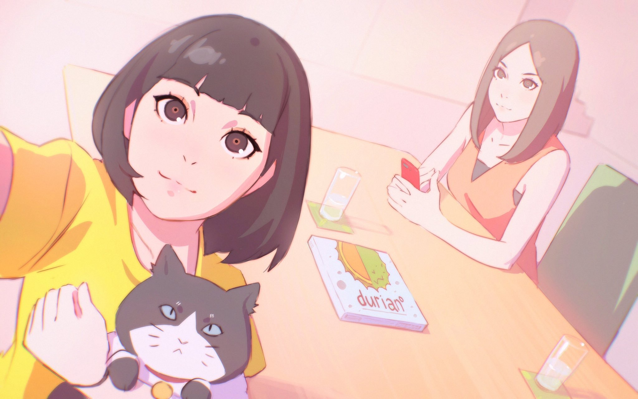 Two girls and a cat at a table HD Wallpaper