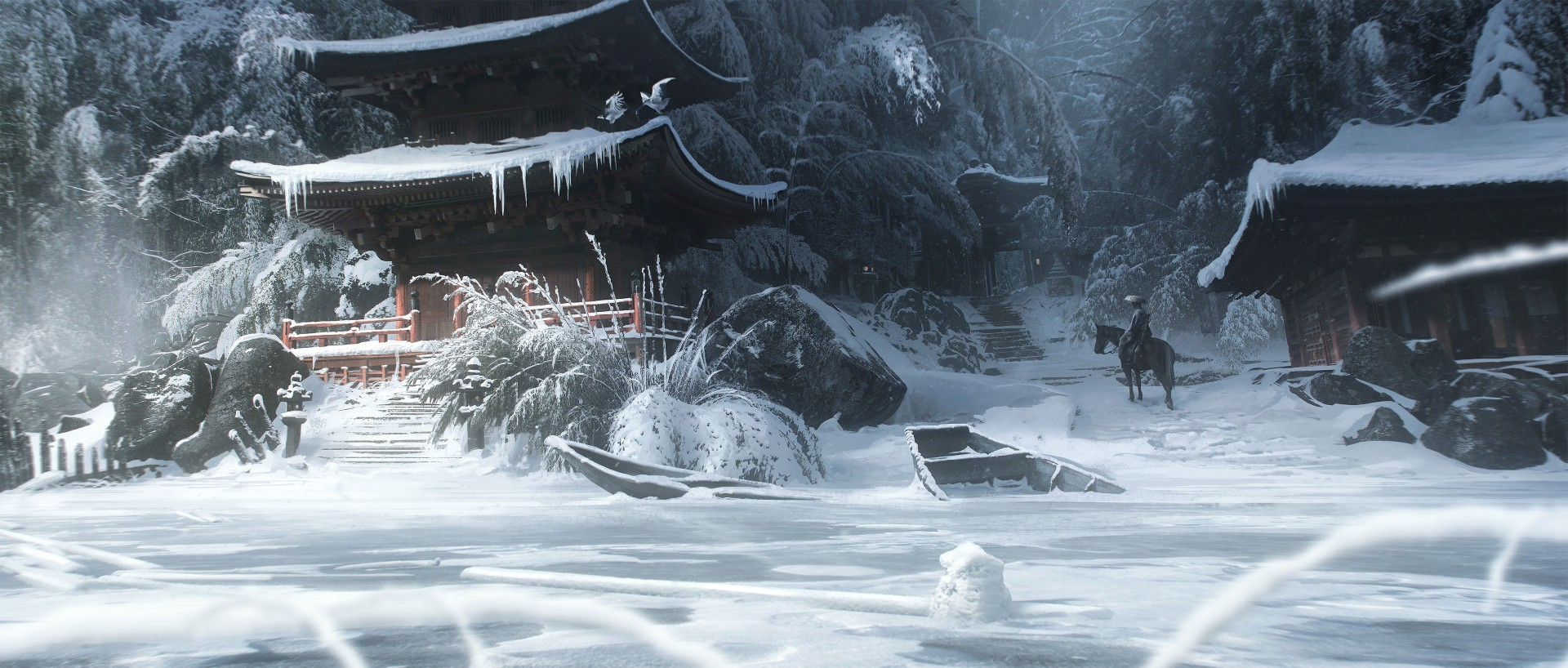 Samurai on horseback near a snow-covered temple in Japan HD Wallpaper