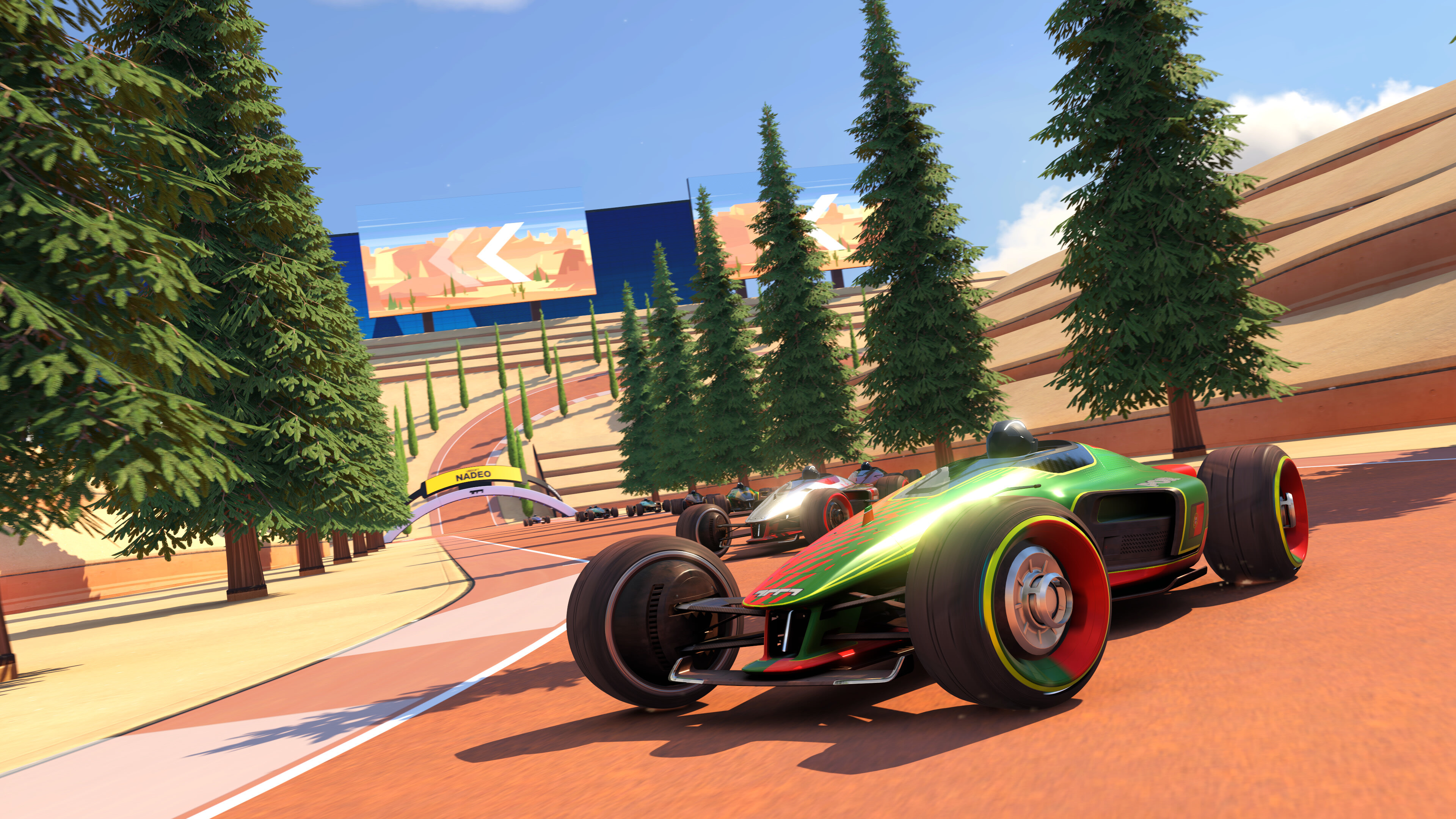 Trackmania 4K racing cars on a sunny track HD Wallpaper