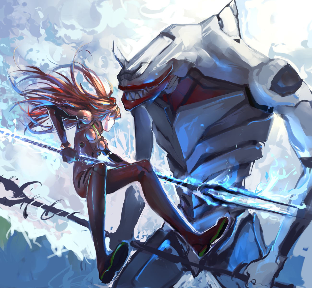 Asuka Langley Soryu from Neon Genesis Evangelion fighting a giant robot HD Wallpaper