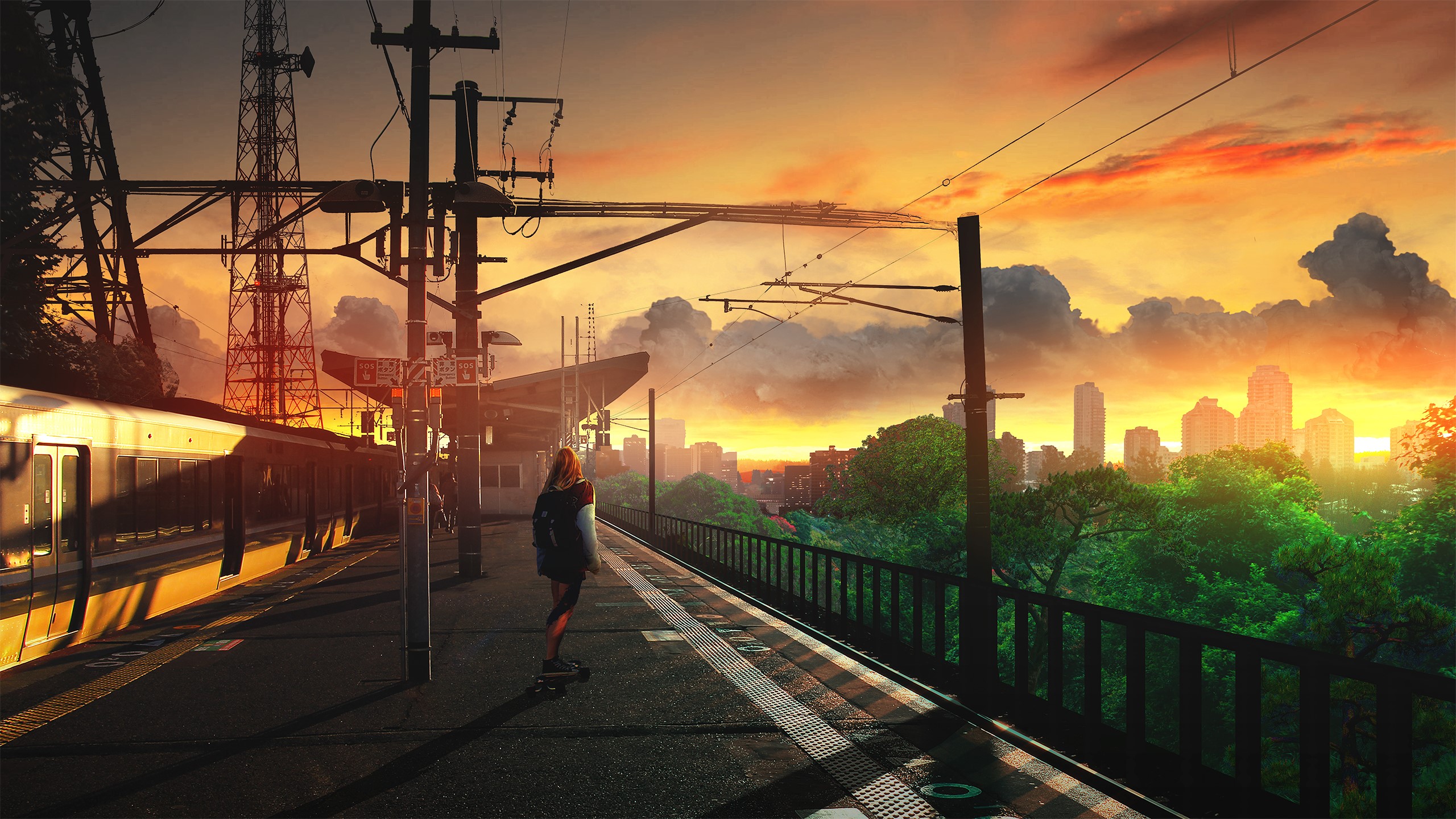 Girl on skateboard at train station during sunset HD Wallpaper