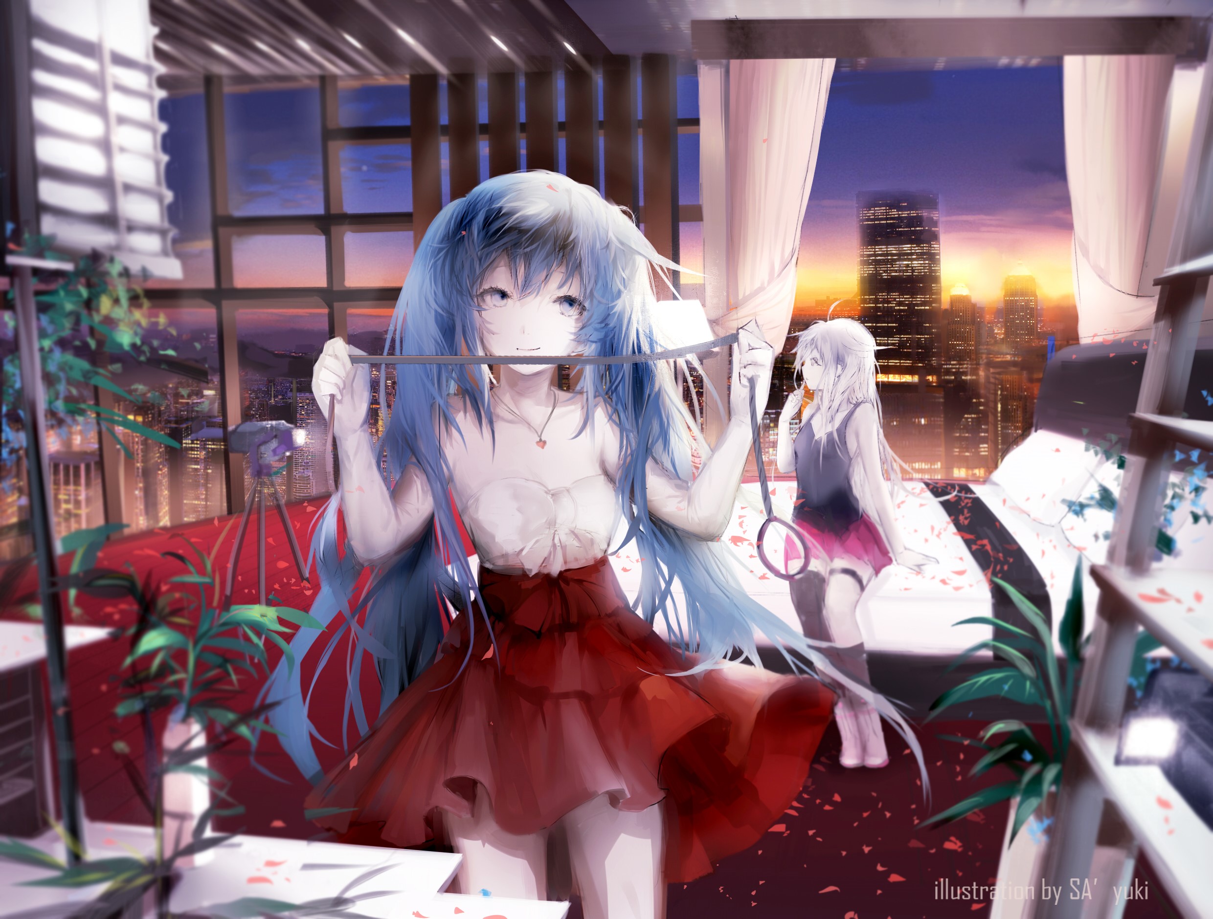 Hatsune Miku and IA from Vocaloid in a room overlooking a cityscape at sunset HD Wallpaper