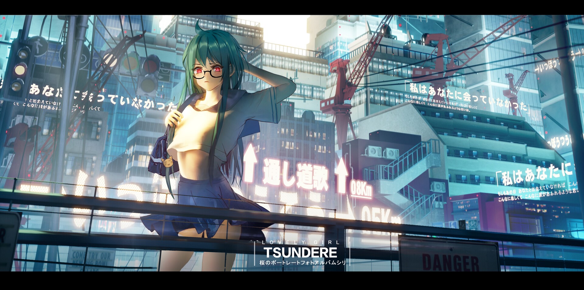 Tsundere Girl in Glasses in Neon City HD Wallpaper